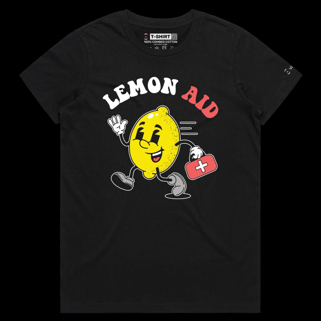 VOICEART Black Female Regular Lemon First Aid Kit Funny T-Shirt Premium Quality Graphic Lemonade Tee Clever Play on Words