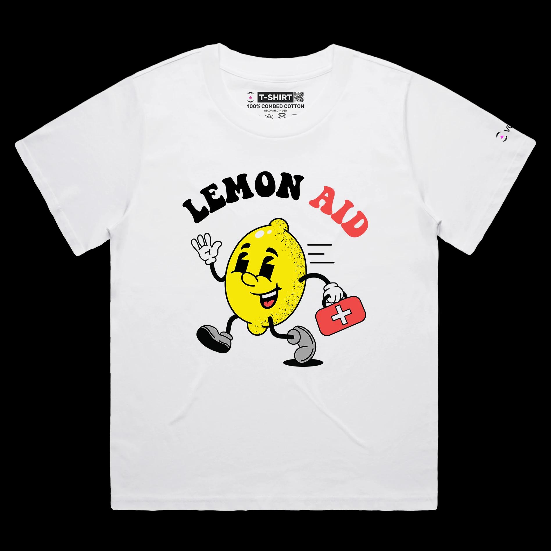 VOICEART White Female Loose Lemon First Aid Kit Funny T-Shirt Premium Quality Graphic Lemonade Tee Clever Play on Words