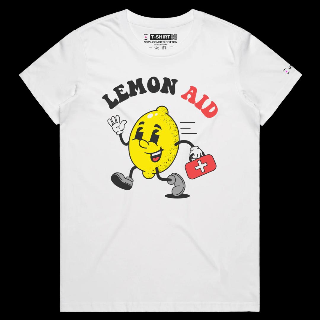 VOICEART White Female Regular Lemon First Aid Kit Funny T-Shirt Premium Quality Graphic Lemonade Tee Clever Play on Words