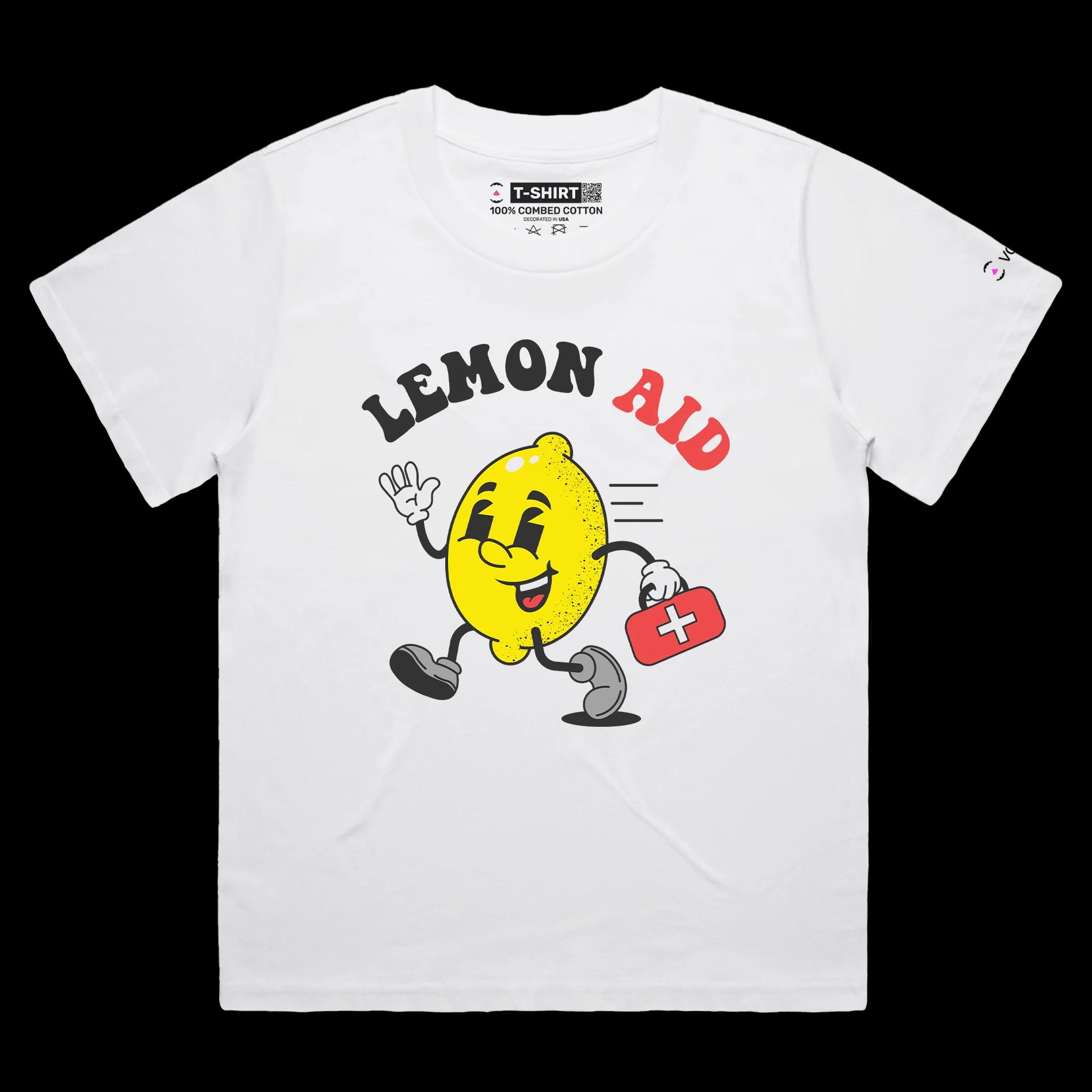 VOICEART White Female Loose Lemon First Aid Kit Funny T-Shirt Premium Quality Graphic Lemonade Tee Clever Play on Words