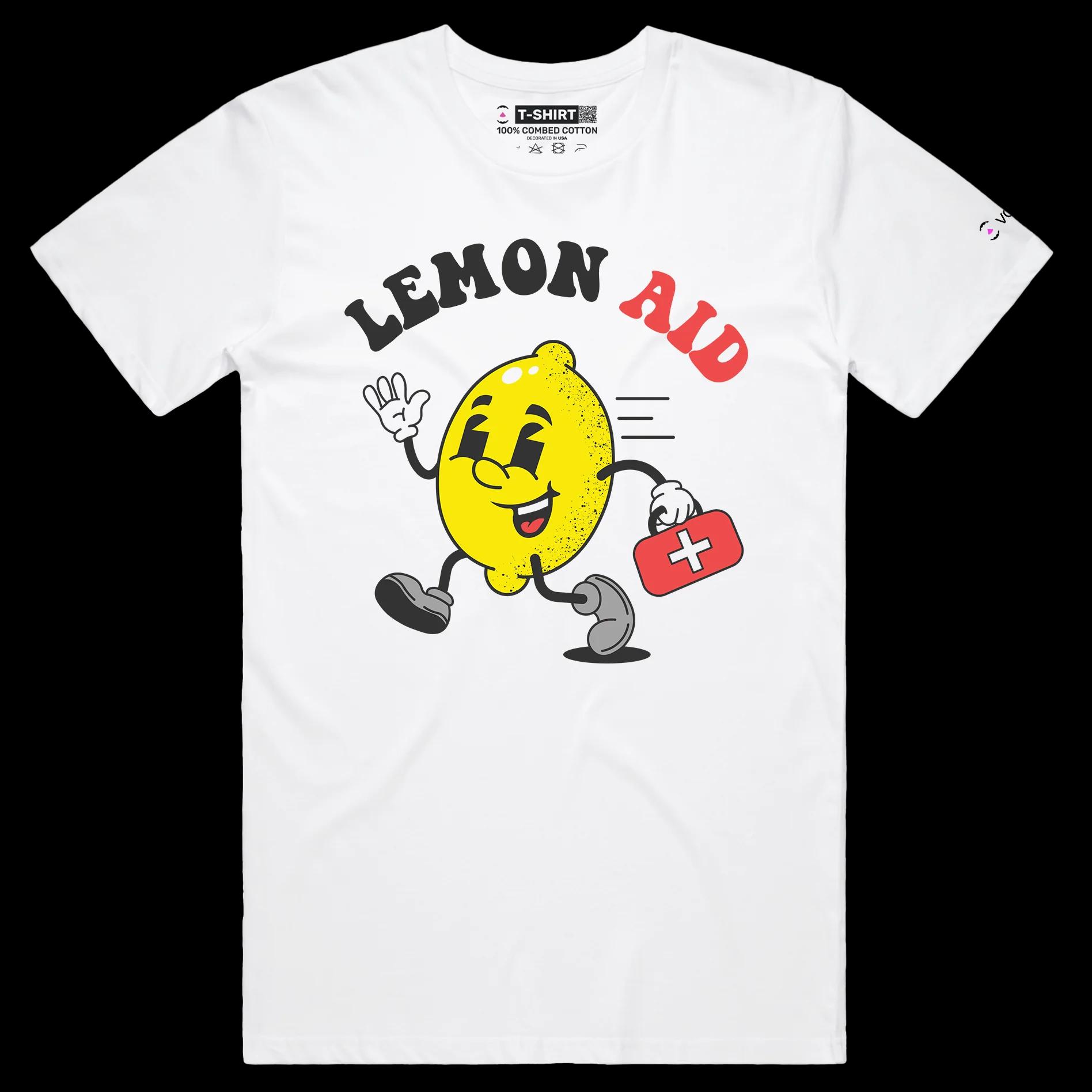 VOICEART White Male Regular Lemon First Aid Kit Funny T-Shirt Premium Quality Graphic Lemonade Tee Clever Play on Words