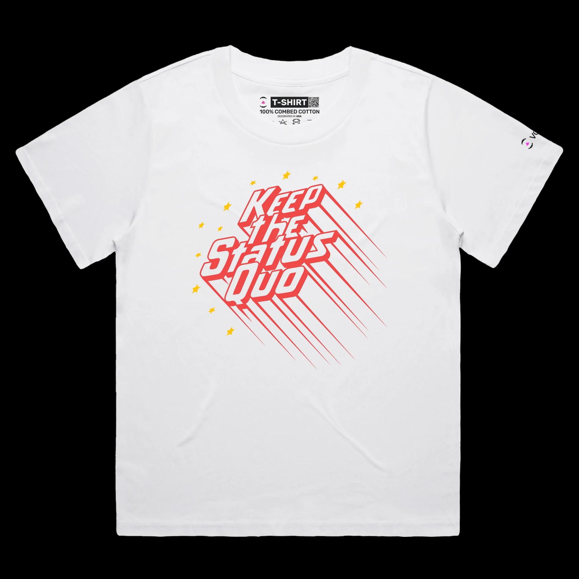 VOICEART White Female Loose Status Quo Rock Music TShirt Premium Quality Graphic Design Francis Rossi Quo Shuffle 1960s Tee