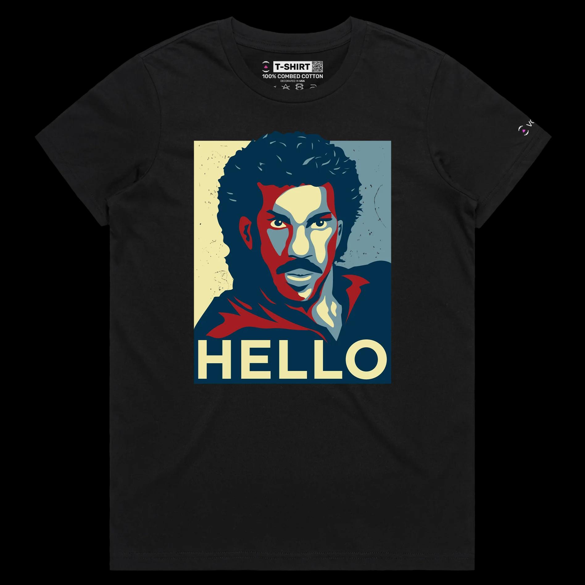 VOICEART Black Female Regular Richie Popular Music T-Shirt with Premium Quality Graphic Hello Worldwide Song Hits Clever Tee
