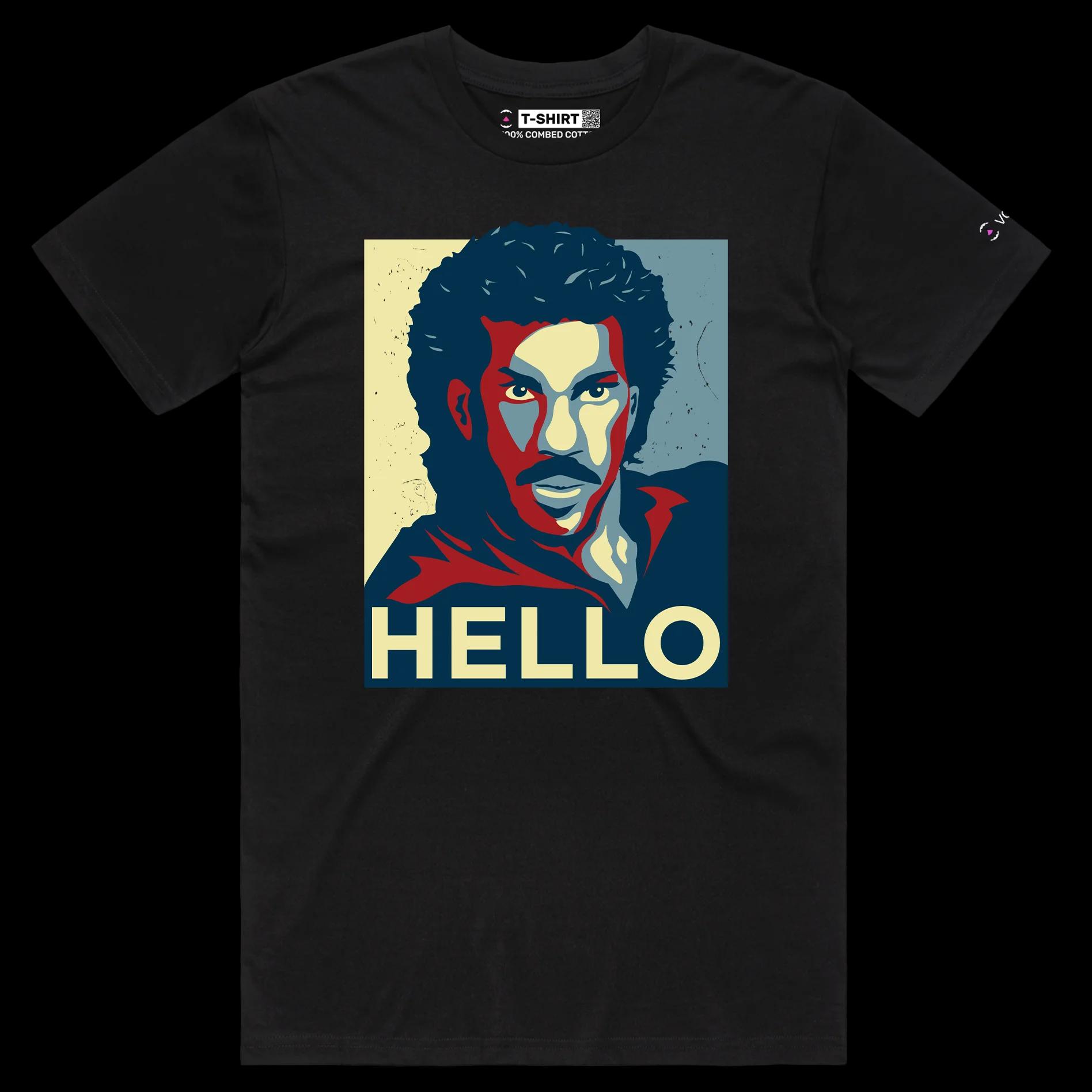 VOICEART Black Male Regular Richie Popular Music T-Shirt with Premium Quality Graphic Hello Worldwide Song Hits Clever Tee