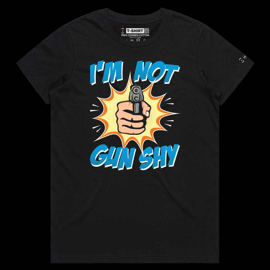 VOICEART Black Female Regular Gun Shy Dark Humor T-Shirt with Premium Quality Graphic Sharpshooter Tee with a Double Meaning