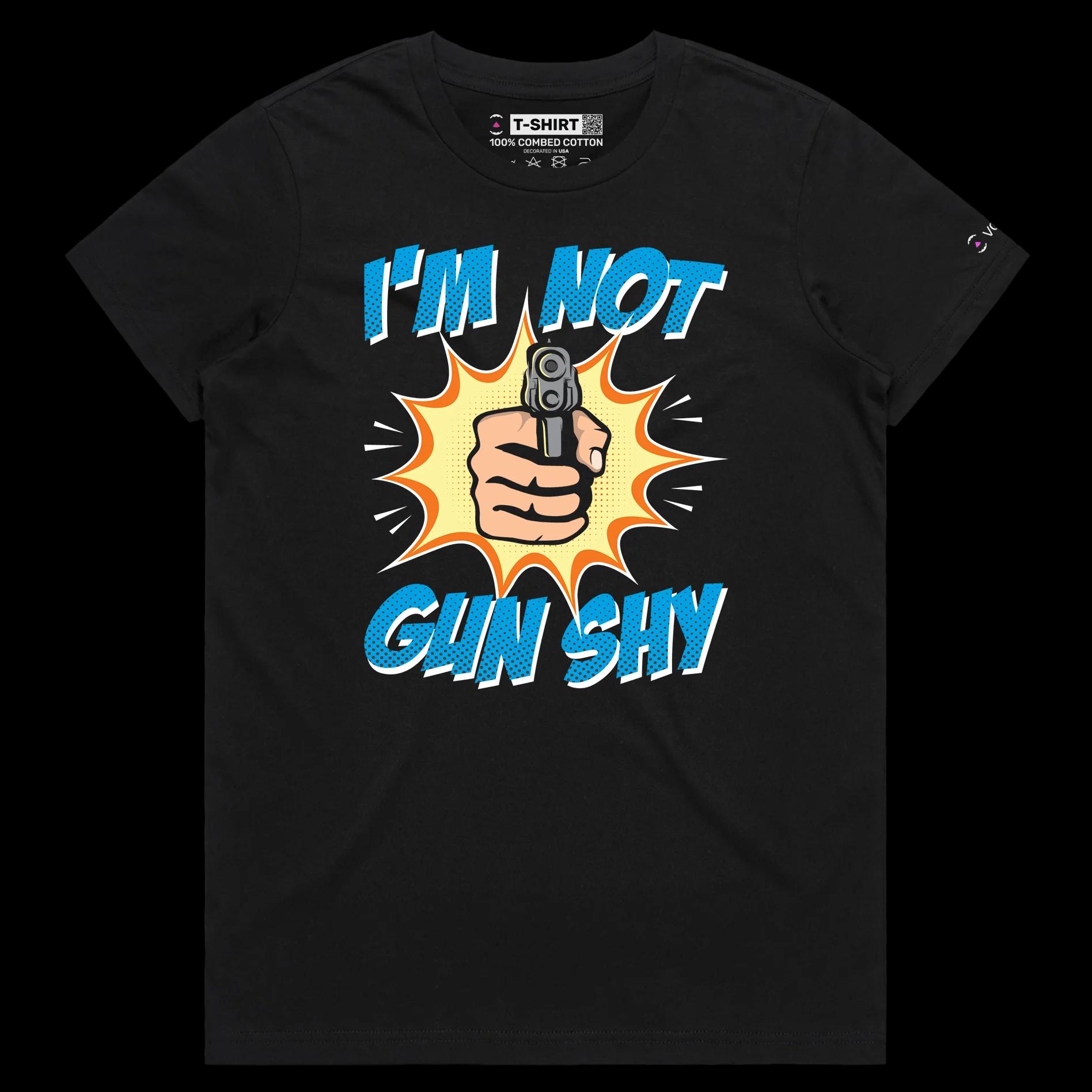 VOICEART Black Female Regular Gun Shy Dark Humor T-Shirt with Premium Quality Graphic Sharpshooter Tee with a Double Meaning