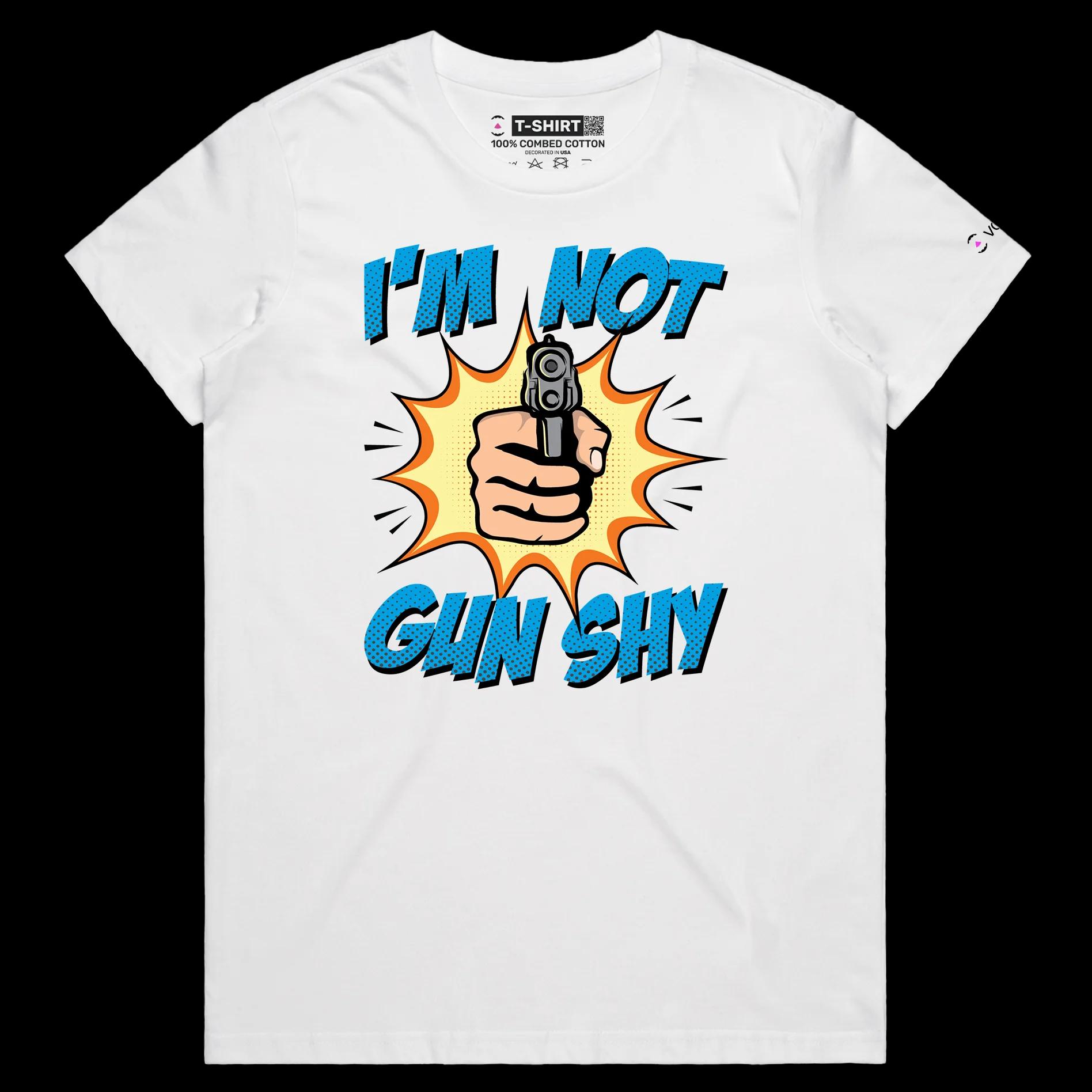 VOICEART White Female Regular Gun Shy Dark Humor T-Shirt with Premium Quality Graphic Sharpshooter Tee with a Double Meaning