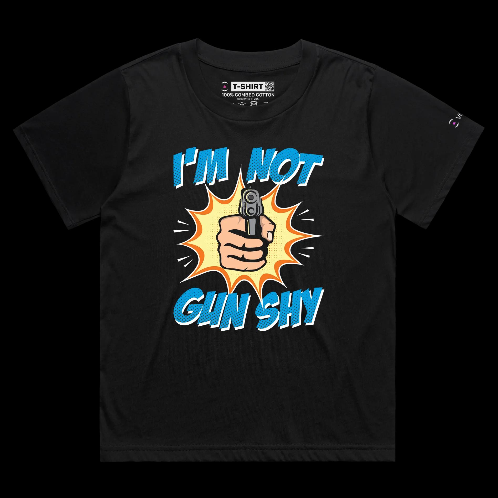 VOICEART Black Female Loose Gun Shy Dark Humor T-Shirt with Premium Quality Graphic Sharpshooter Tee with a Double Meaning