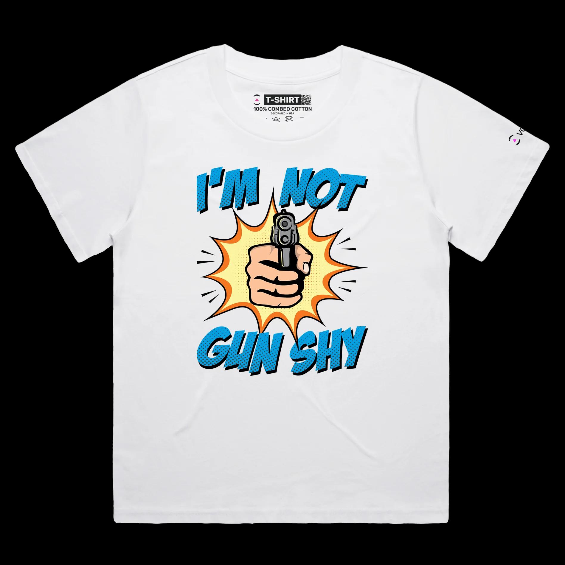 VOICEART White Female Loose Gun Shy Dark Humor T-Shirt with Premium Quality Graphic Sharpshooter Tee with a Double Meaning