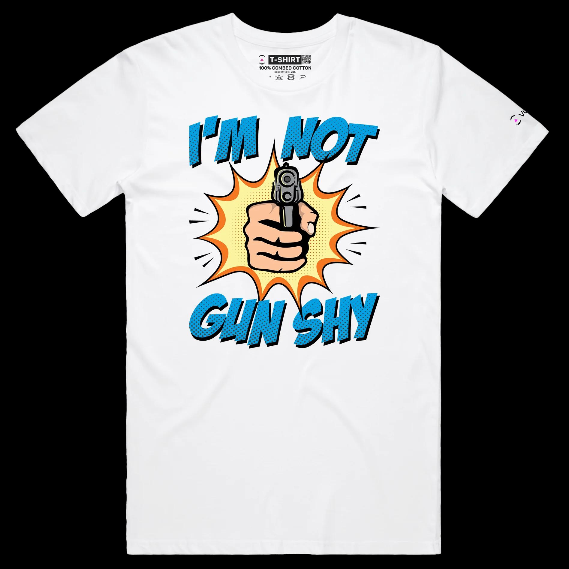 VOICEART White Male Regular Gun Shy Dark Humor T-Shirt with Premium Quality Graphic Sharpshooter Tee with a Double Meaning