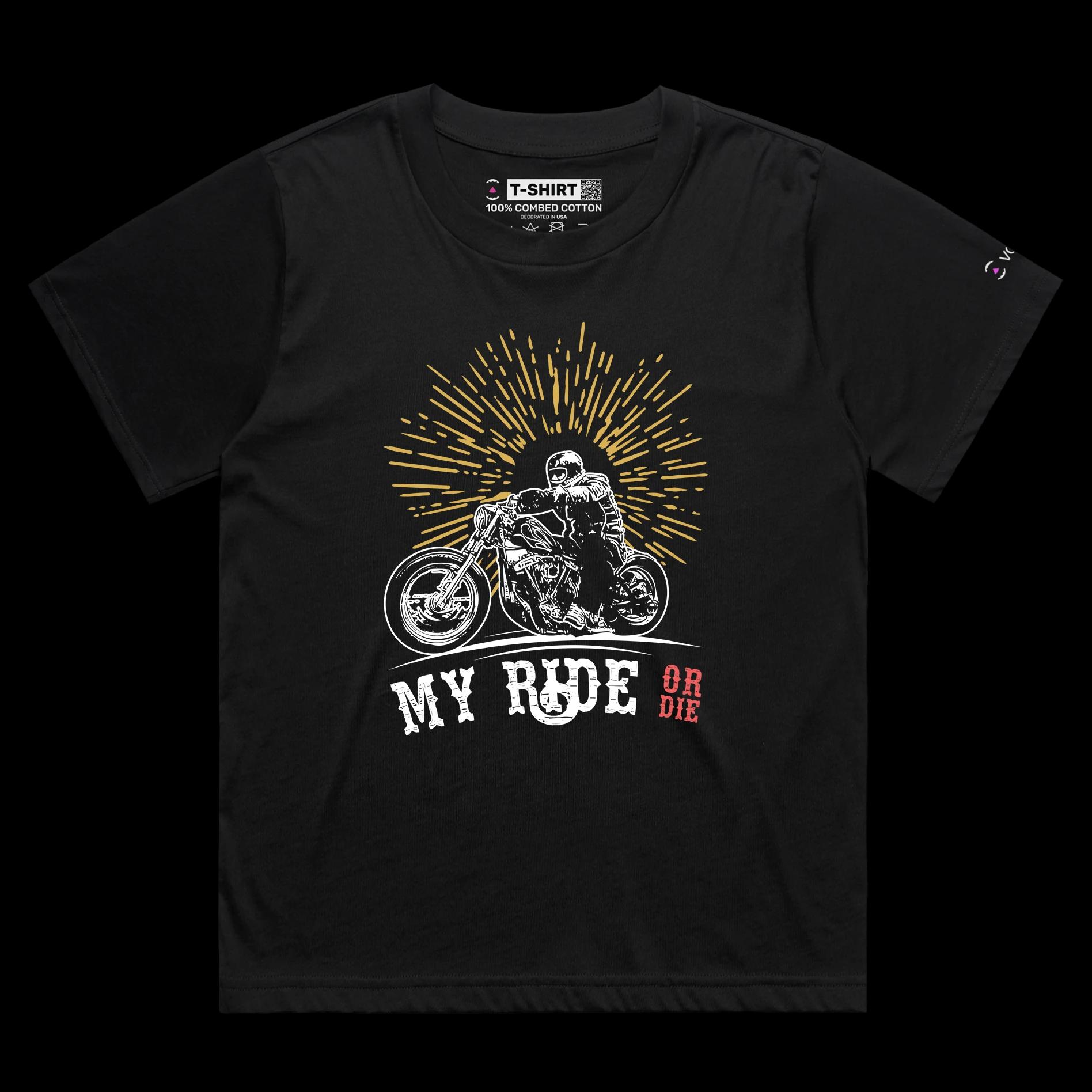 VOICEART Black Female Loose Bike on the Road Adventurous T-Shirt with Premium Graphic and Design Chopper Ride or Die