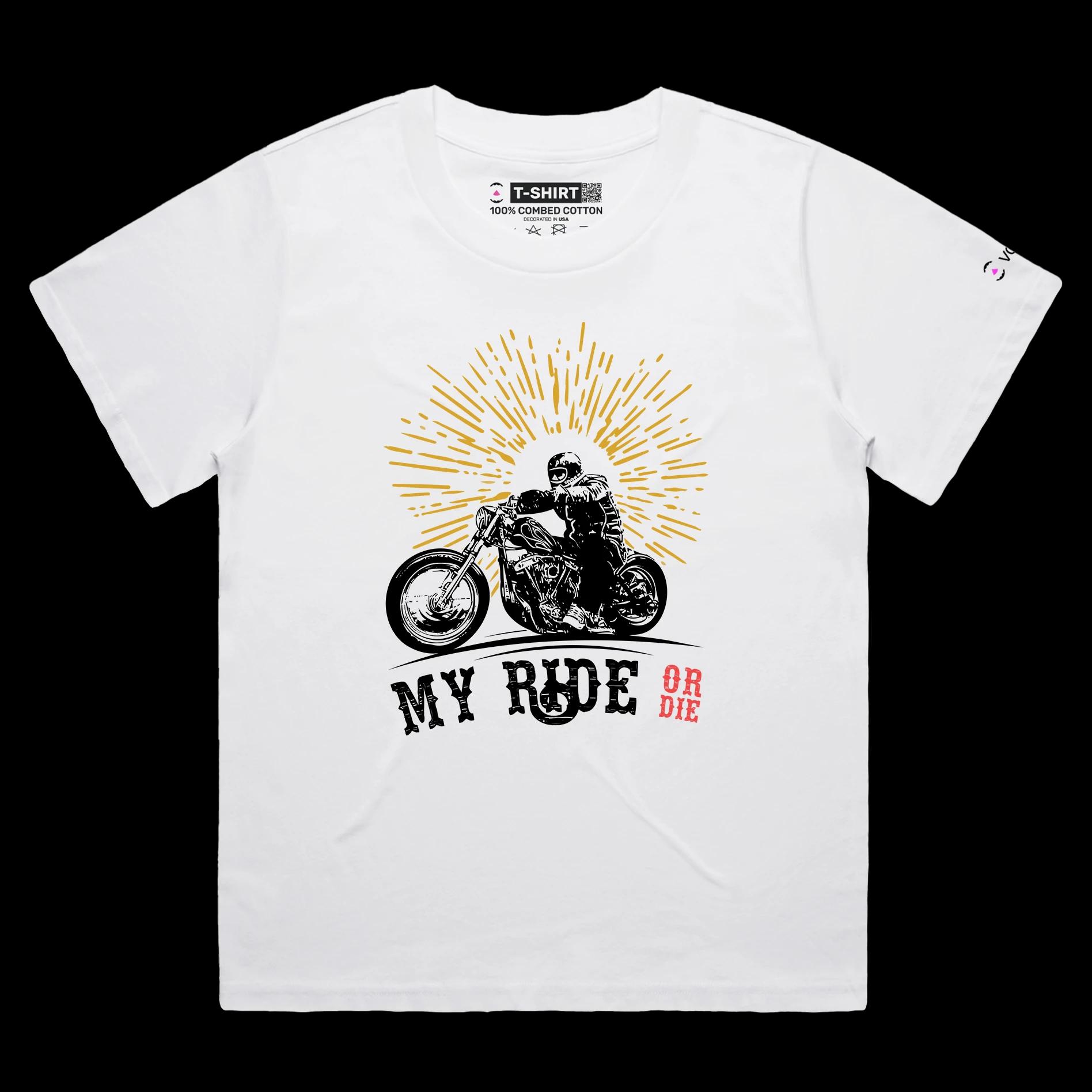 VOICEART White Female Loose Bike on the Road Adventurous T-Shirt with Premium Graphic and Design Chopper Ride or Die
