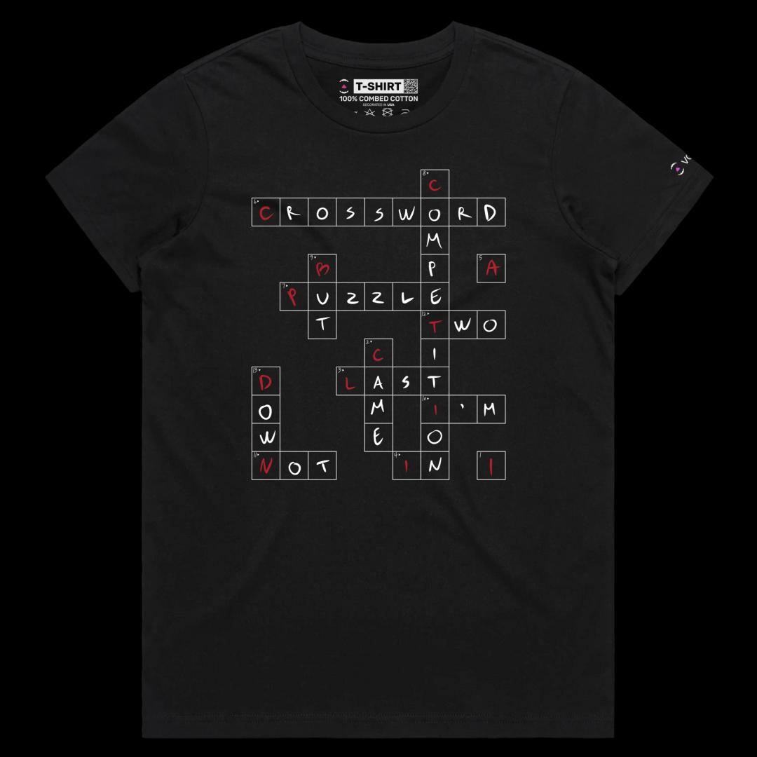 VOICEART Black Female Regular Crossword Puzzle Funny T-Shirt with Premium Quality Graphic Design Wordplay Competition Tee v1
