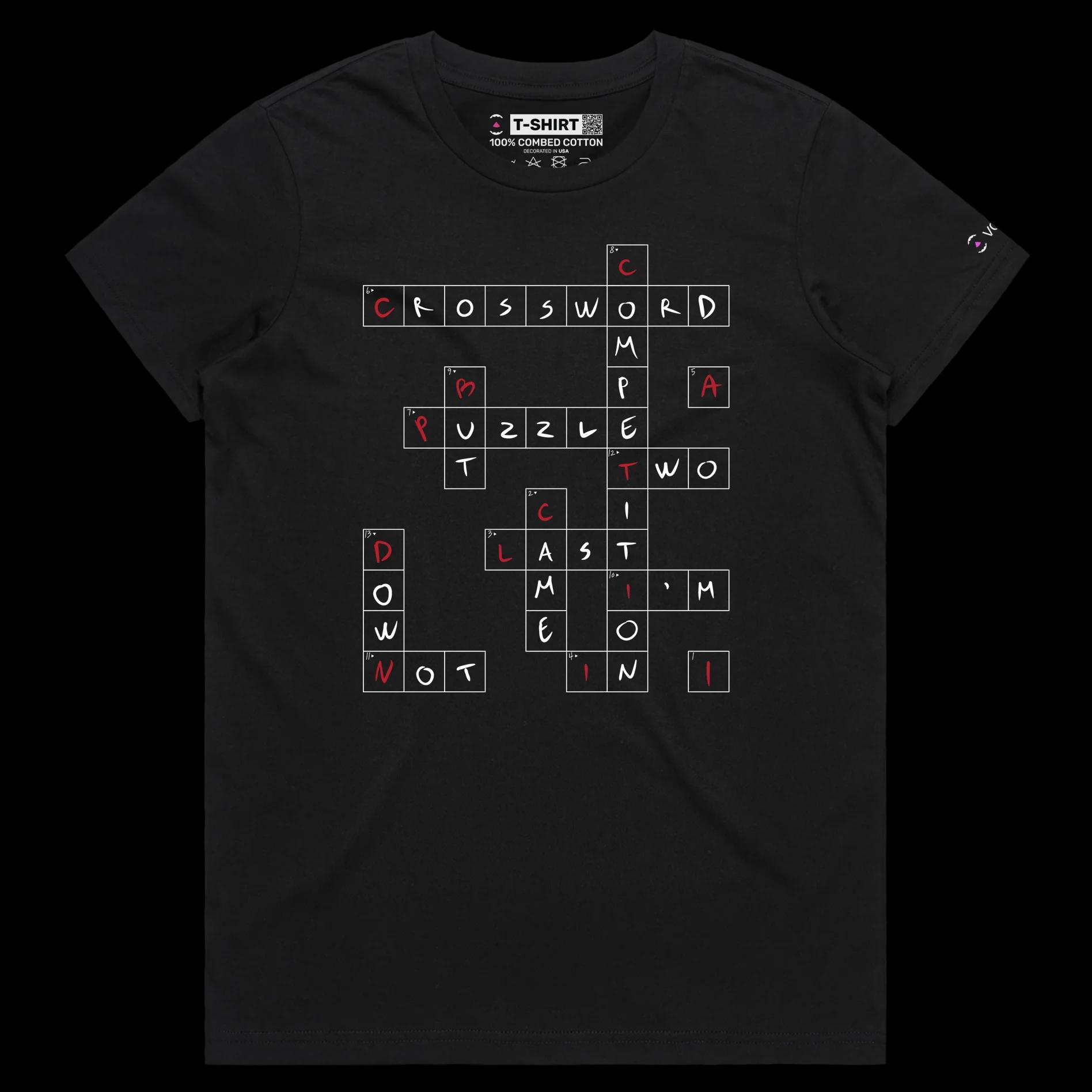 VOICEART Black Female Regular Crossword Puzzle Funny T-Shirt with Premium Quality Graphic Design Wordplay Competition Tee v1