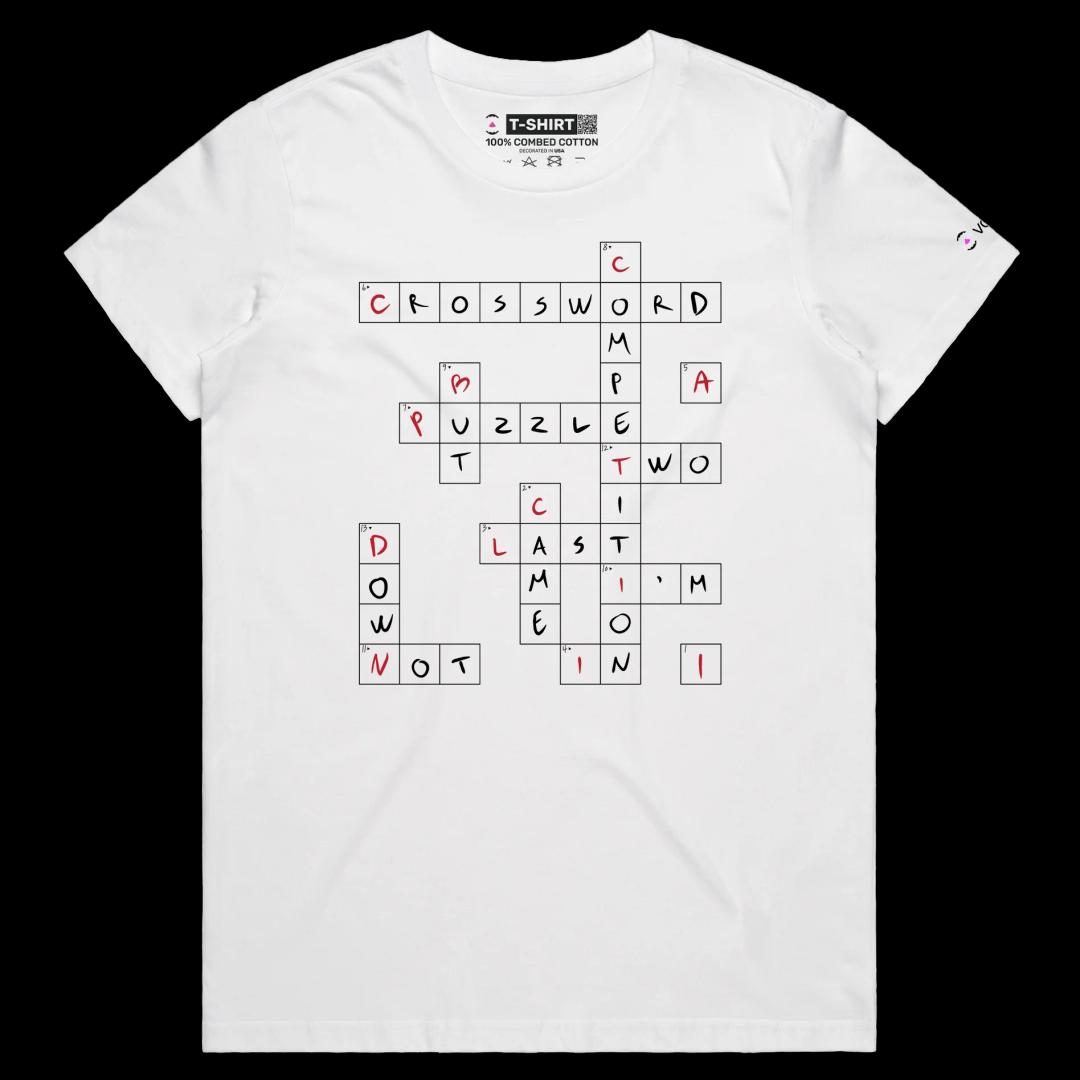 VOICEART White Female Regular Crossword Puzzle Funny T-Shirt with Premium Quality Graphic Design Wordplay Competition Tee v1