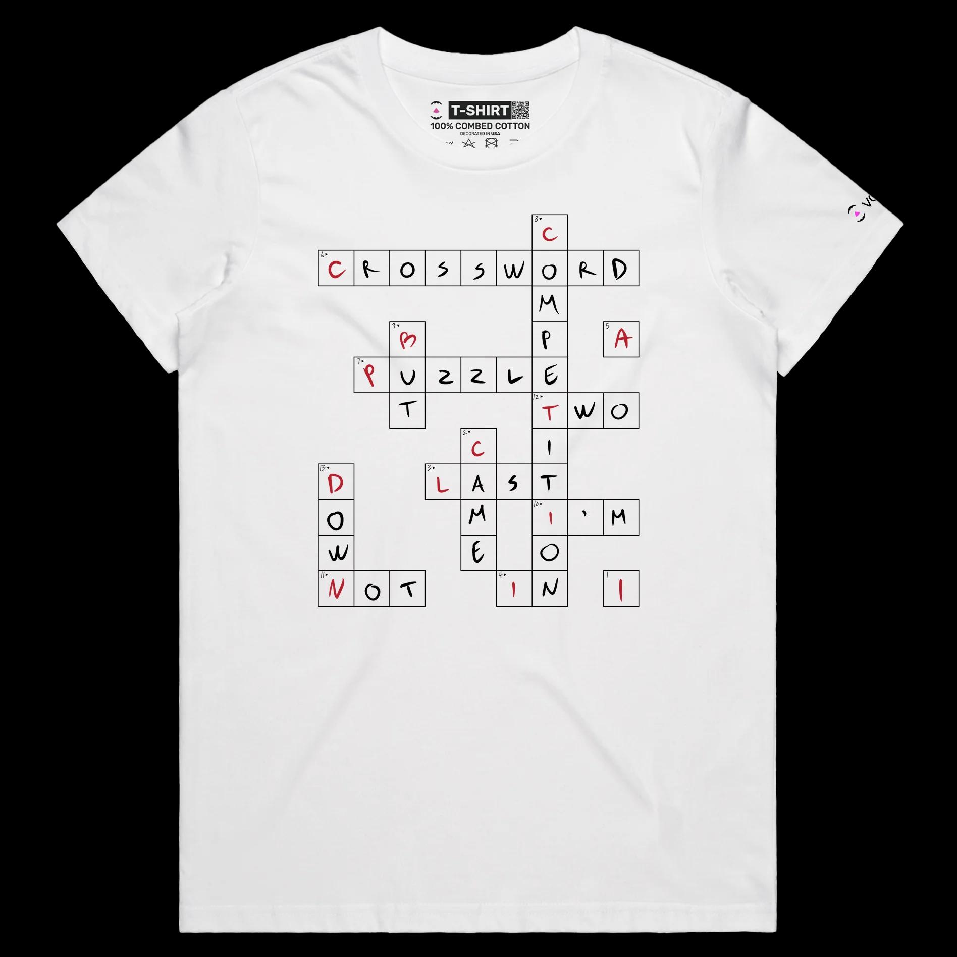 VOICEART White Female Regular Crossword Puzzle Funny T-Shirt with Premium Quality Graphic Design Wordplay Competition Tee v1