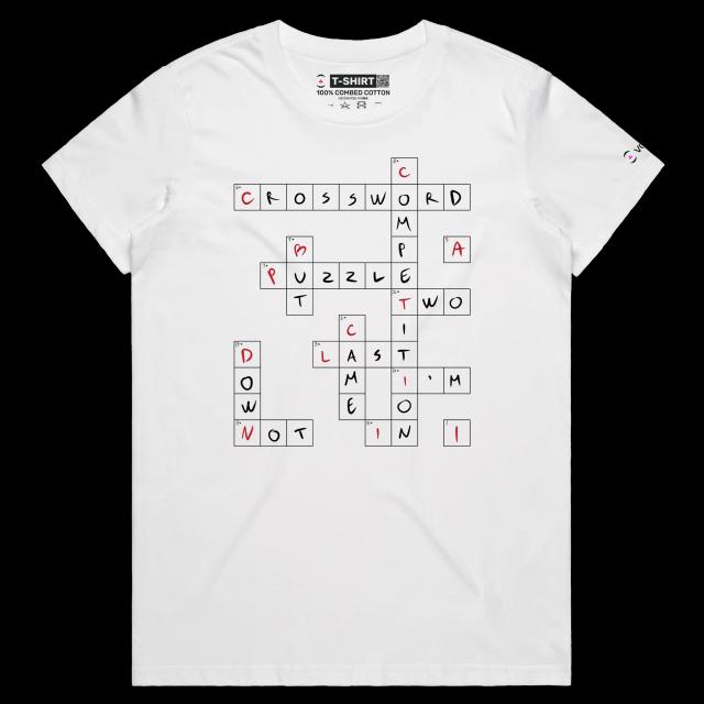 VOICEART White Female Regular Crossword Puzzle Funny T-Shirt with Premium Quality Graphic Design Wordplay Competition Tee v1