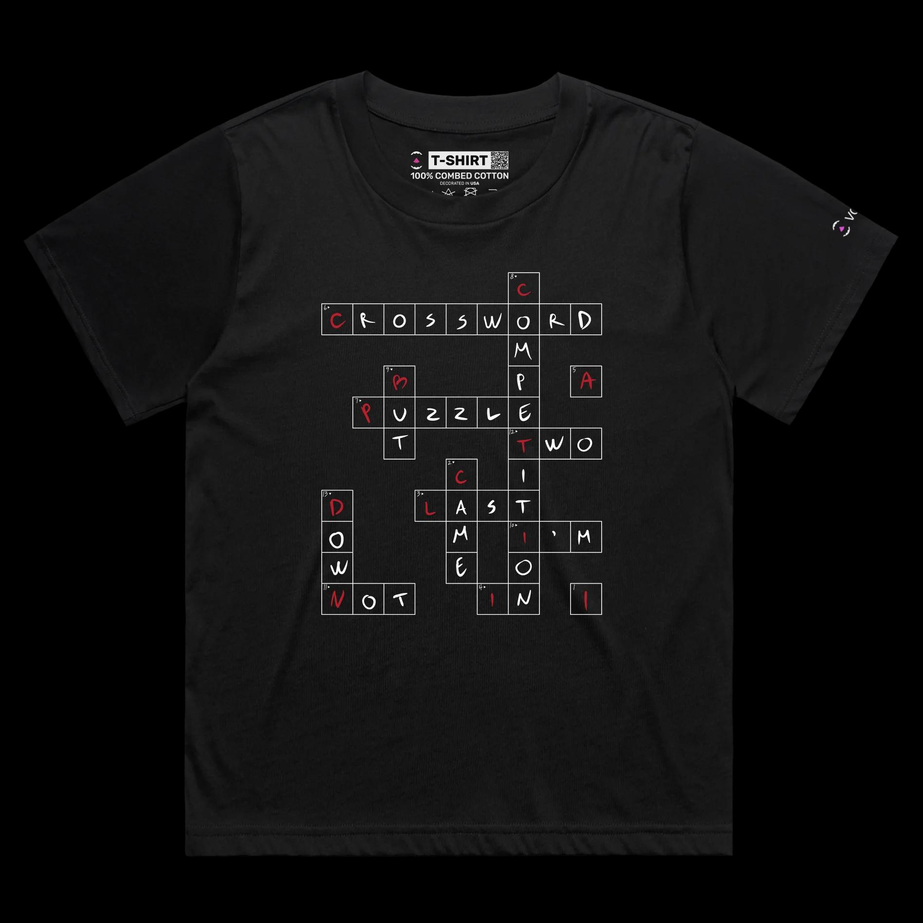 VOICEART Black Female Loose Crossword Puzzle Funny T-Shirt with Premium Quality Graphic Design Wordplay Competition Tee v1