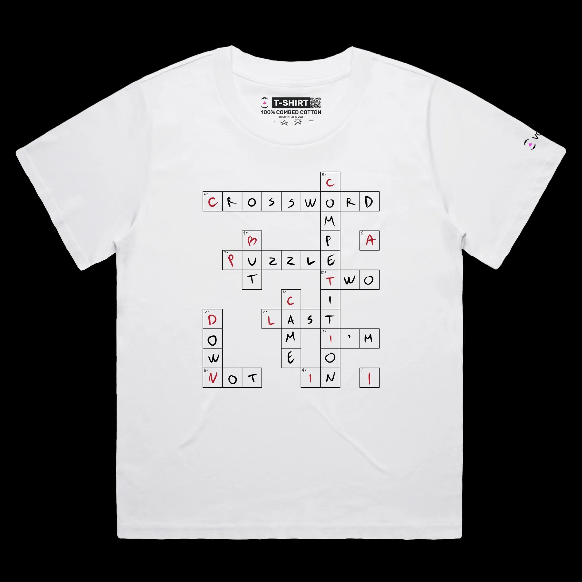 VOICEART White Female Loose Crossword Puzzle Funny T-Shirt with Premium Quality Graphic Design Wordplay Competition Tee v1