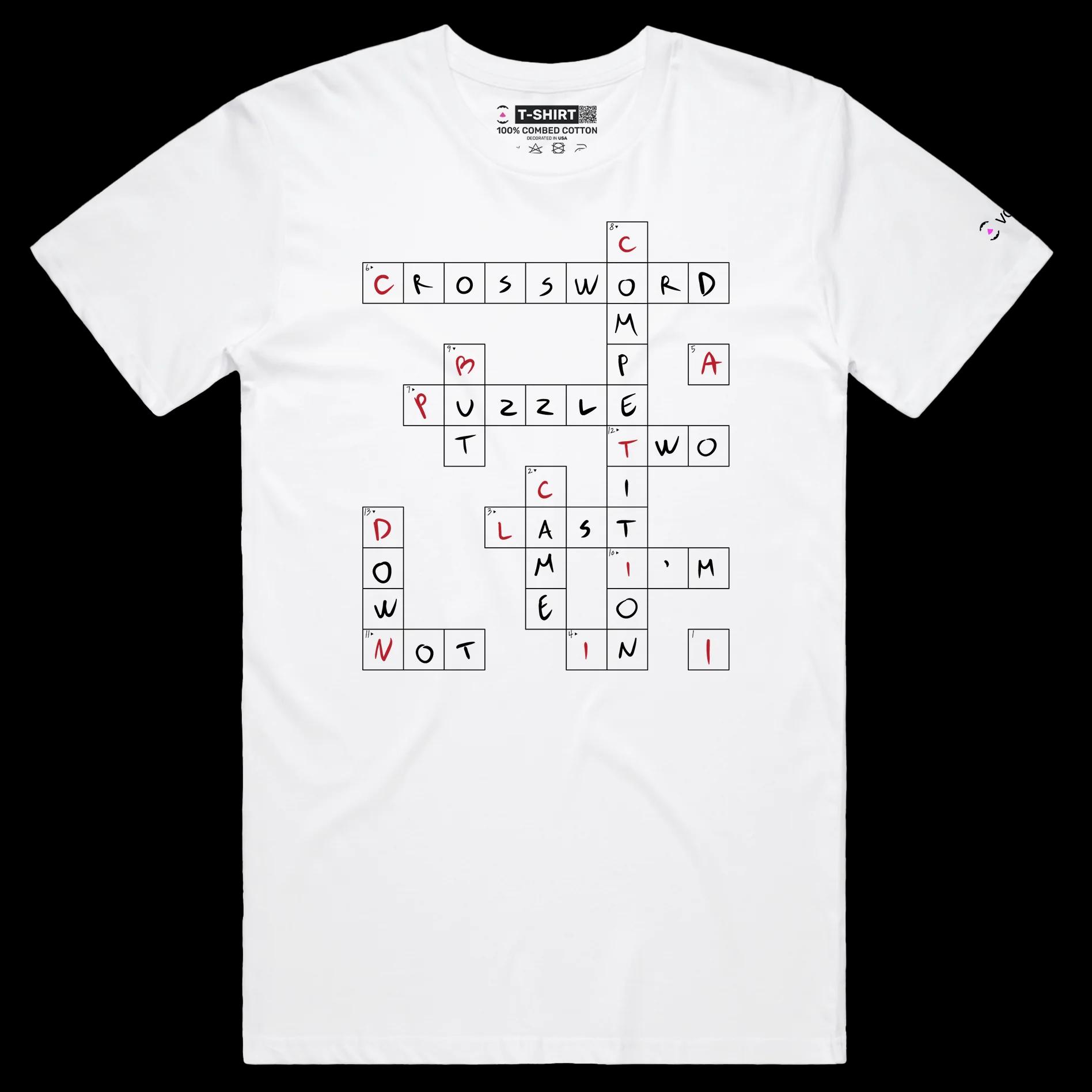 VOICEART White Male Regular Crossword Puzzle Funny T-Shirt with Premium Quality Graphic Design Wordplay Competition Tee v1
