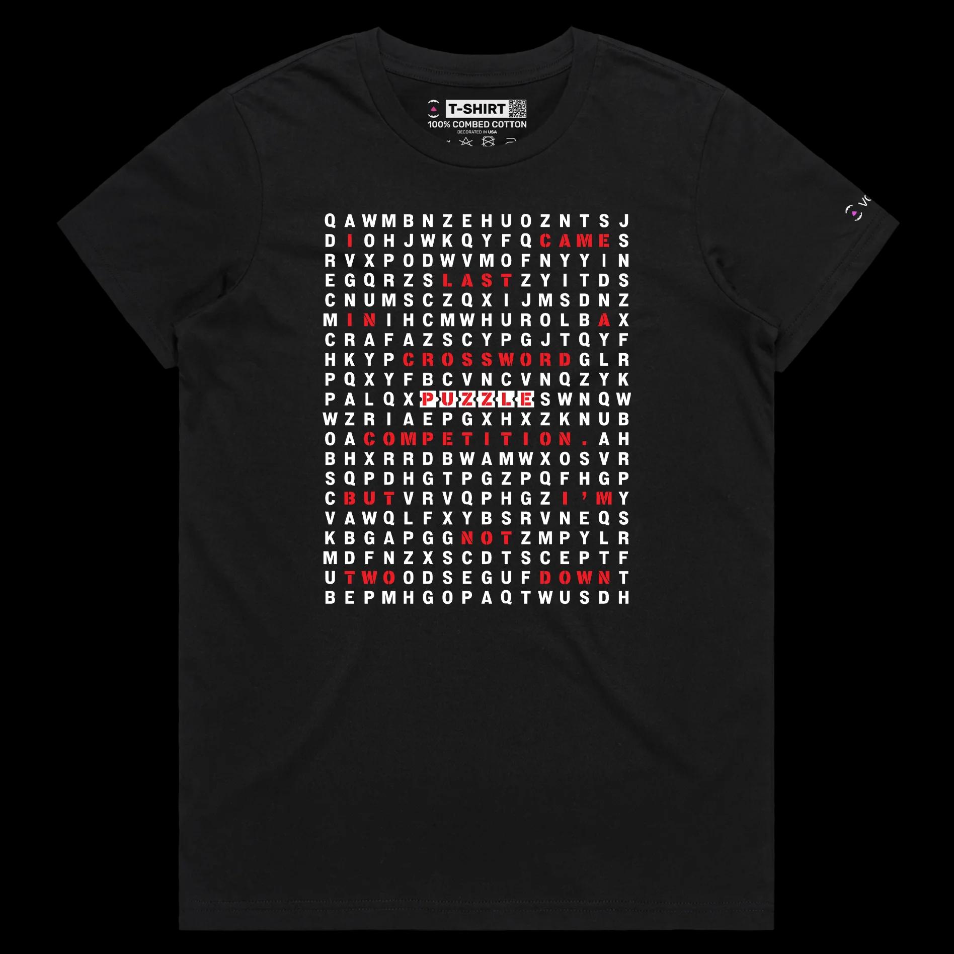VOICEART Black Female Regular Crossword Puzzle Funny T-Shirt with Premium Quality Graphic Design Wordplay Competition Tee v2