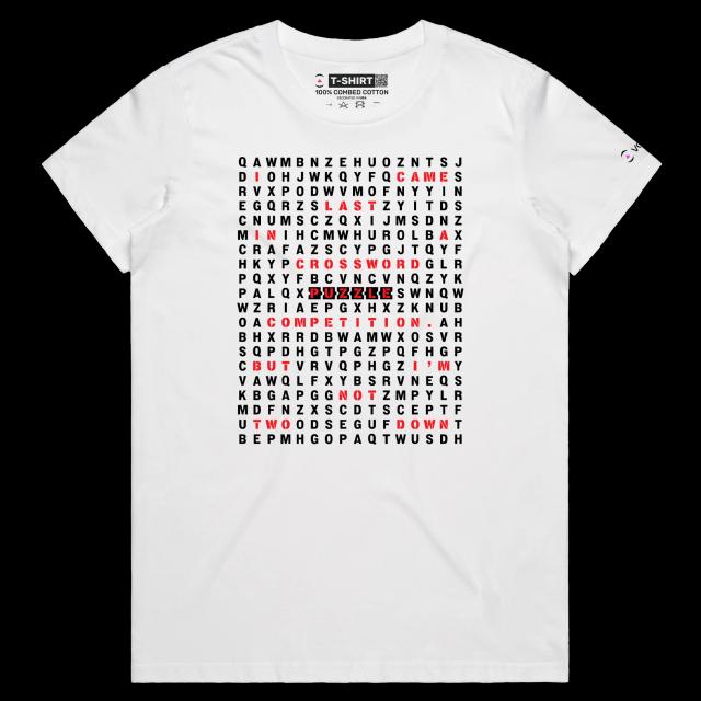 VOICEART White Female Regular Crossword Puzzle Funny T-Shirt with Premium Quality Graphic Design Wordplay Competition Tee v2