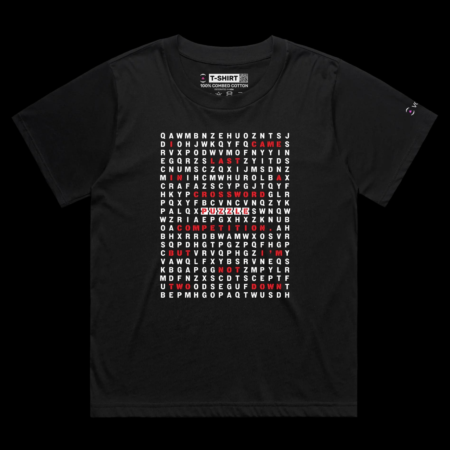 VOICEART Black Female Loose Crossword Puzzle Funny T-Shirt with Premium Quality Graphic Design Wordplay Competition Tee v2