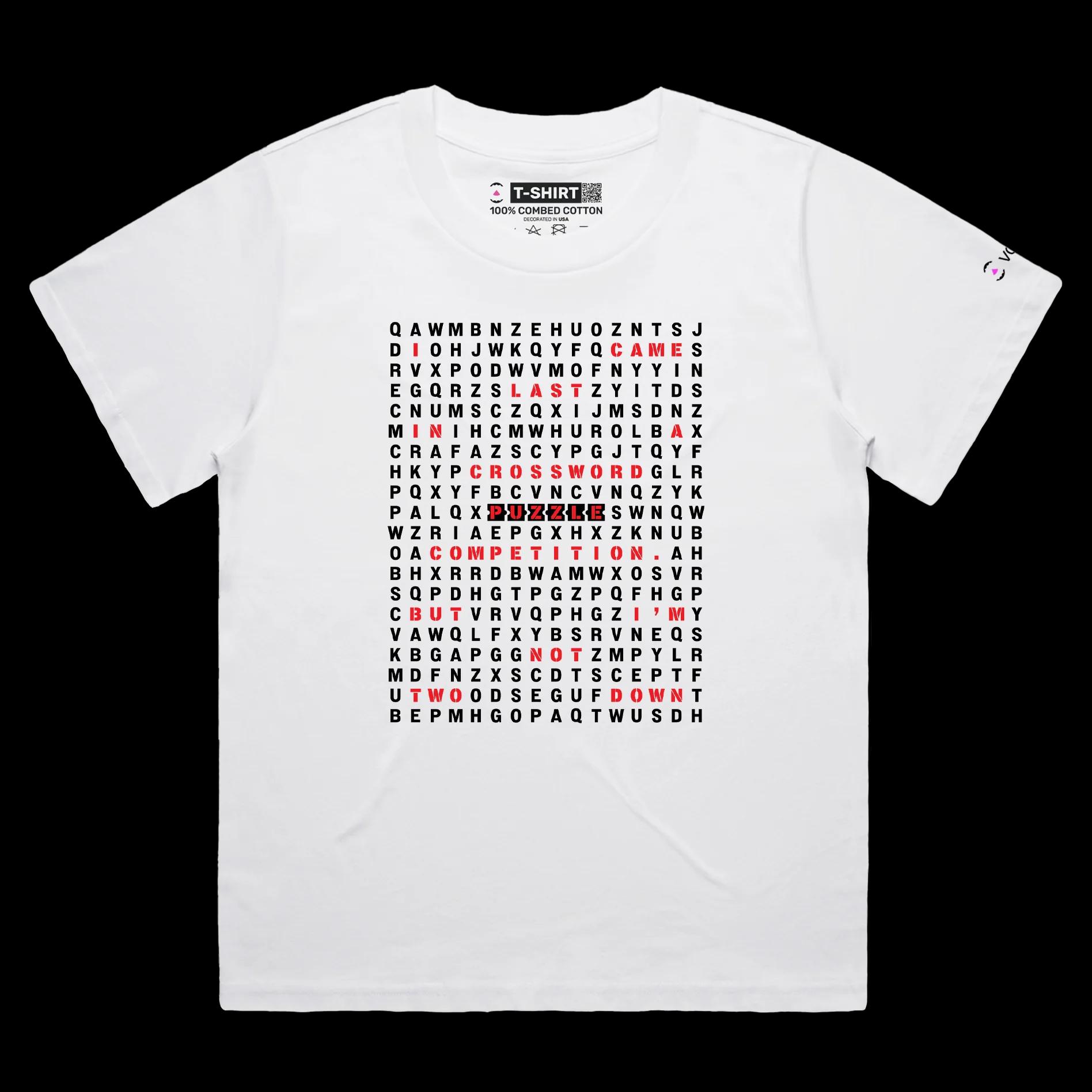 VOICEART White Female Loose Crossword Puzzle Funny T-Shirt with Premium Quality Graphic Design Wordplay Competition Tee v2