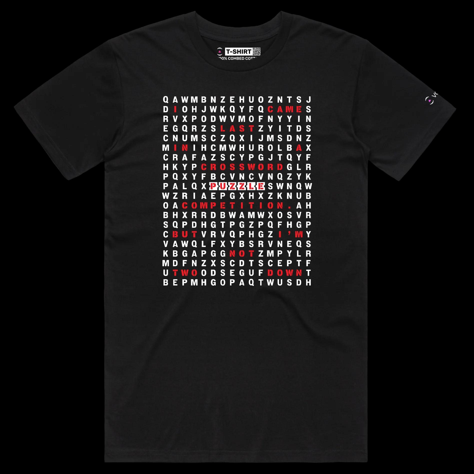 VOICEART Black Male Regular Crossword Puzzle Funny T-Shirt with Premium Quality Graphic Design Wordplay Competition Tee v2