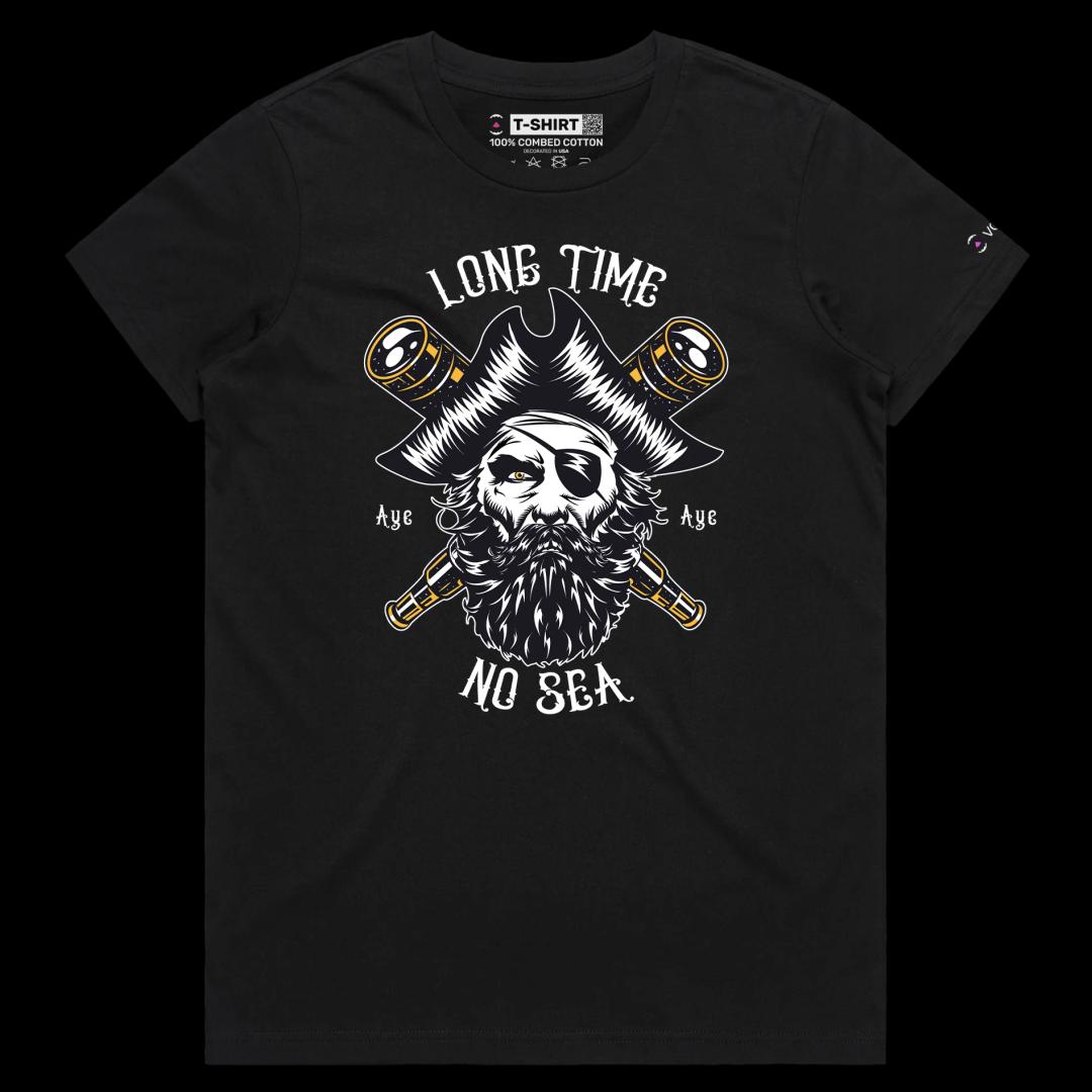 VOICEART Black Female Regular Pirate with an Eye Patch Funny T-Shirt with Premium Graphic Design Long Time No Sea Tee