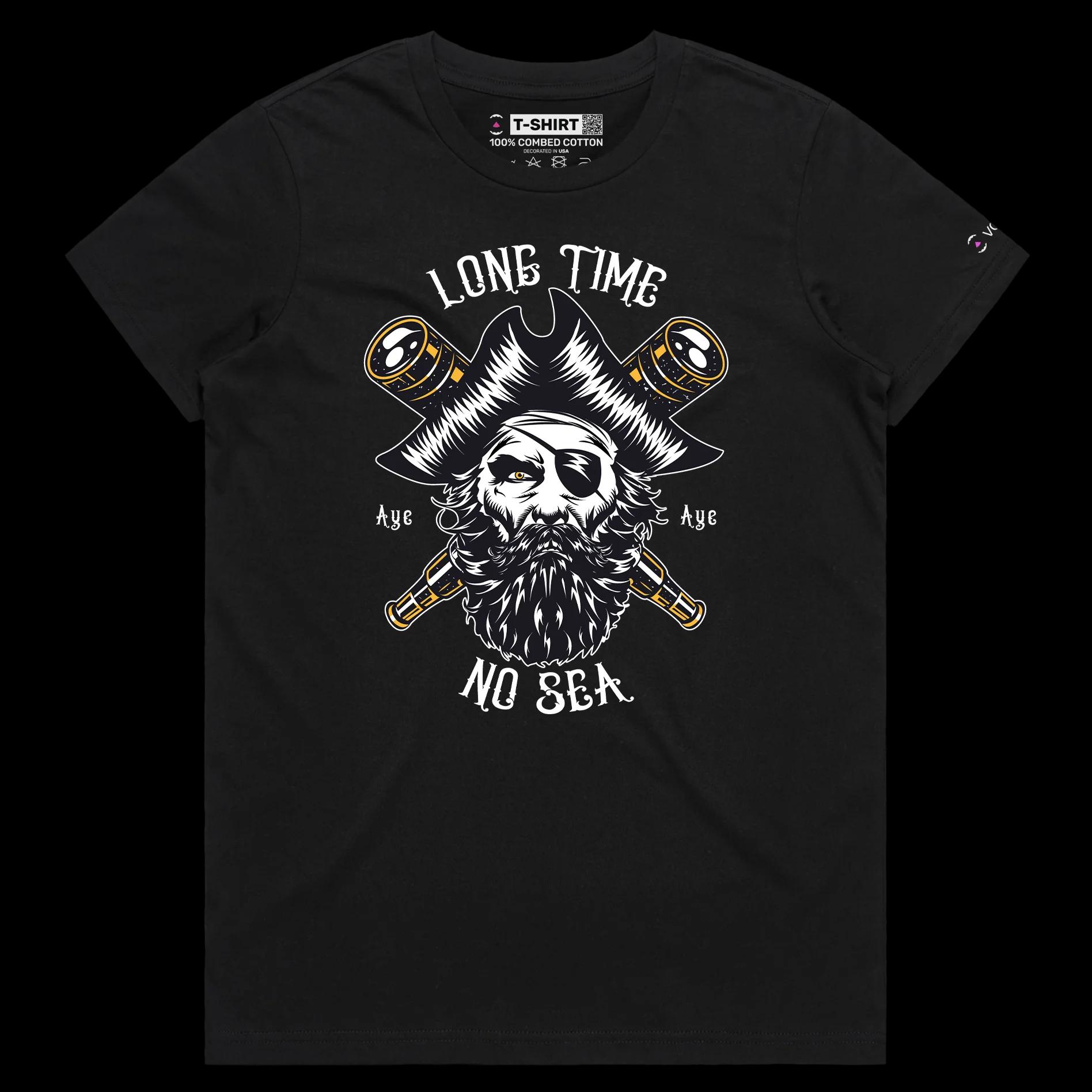 VOICEART Black Female Regular Pirate with an Eye Patch Funny T-Shirt with Premium Graphic Design Long Time No Sea Tee