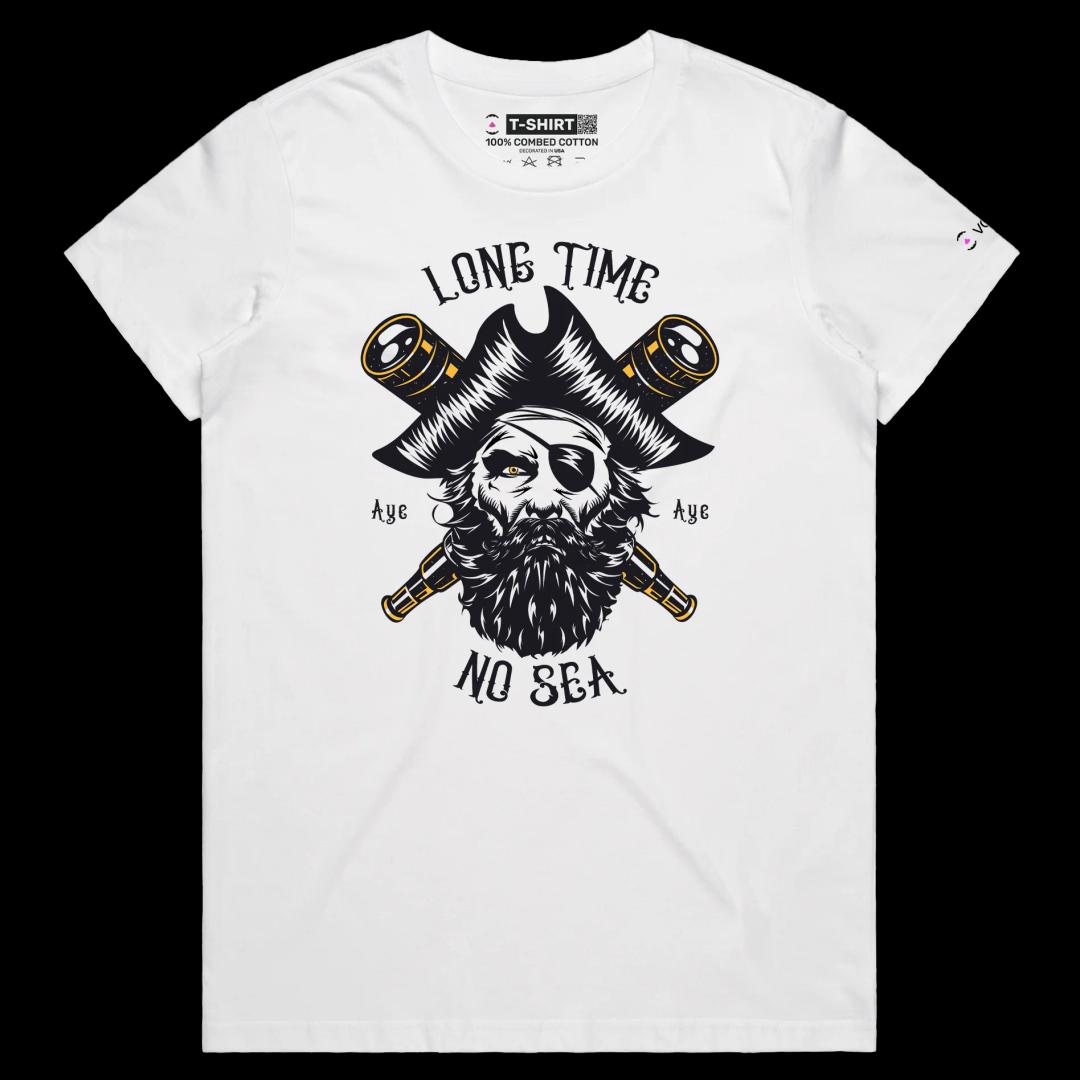 VOICEART White Female Regular Pirate with an Eye Patch Funny T-Shirt with Premium Graphic Design Long Time No Sea Tee