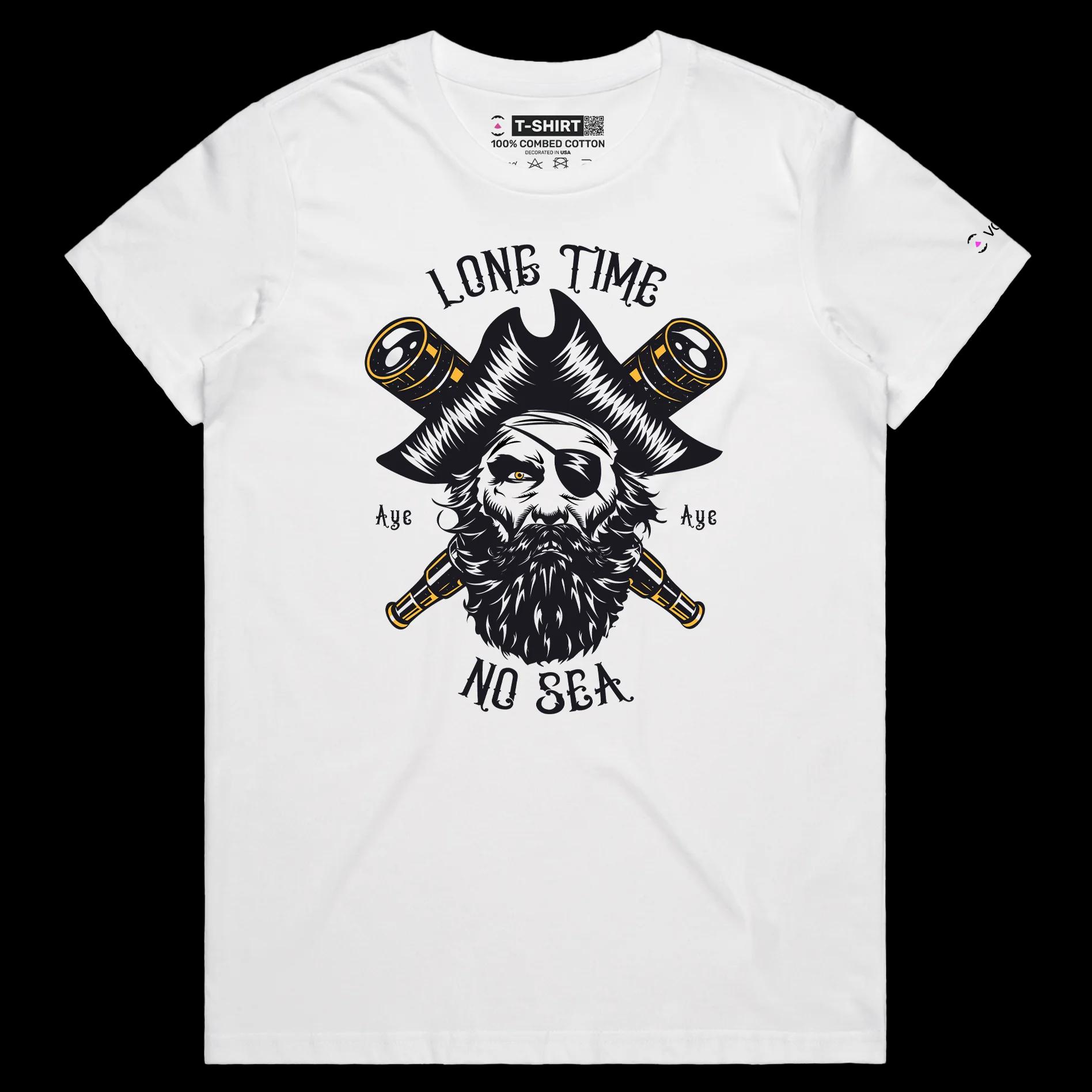 VOICEART White Female Regular Pirate with an Eye Patch Funny T-Shirt with Premium Graphic Design Long Time No Sea Tee