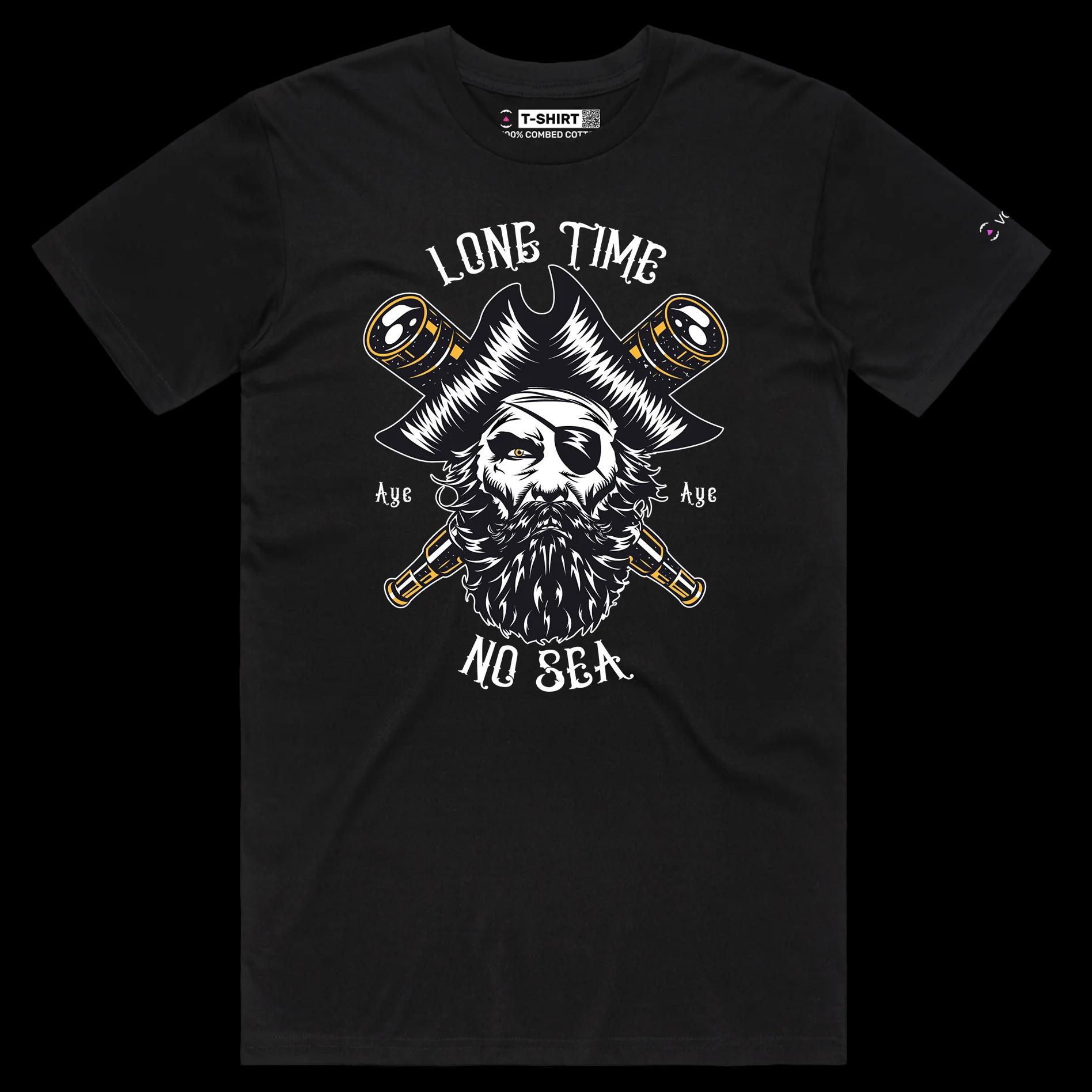 VOICEART Black Male Regular Pirate with an Eye Patch Funny T-Shirt with Premium Graphic Design Long Time No Sea Tee