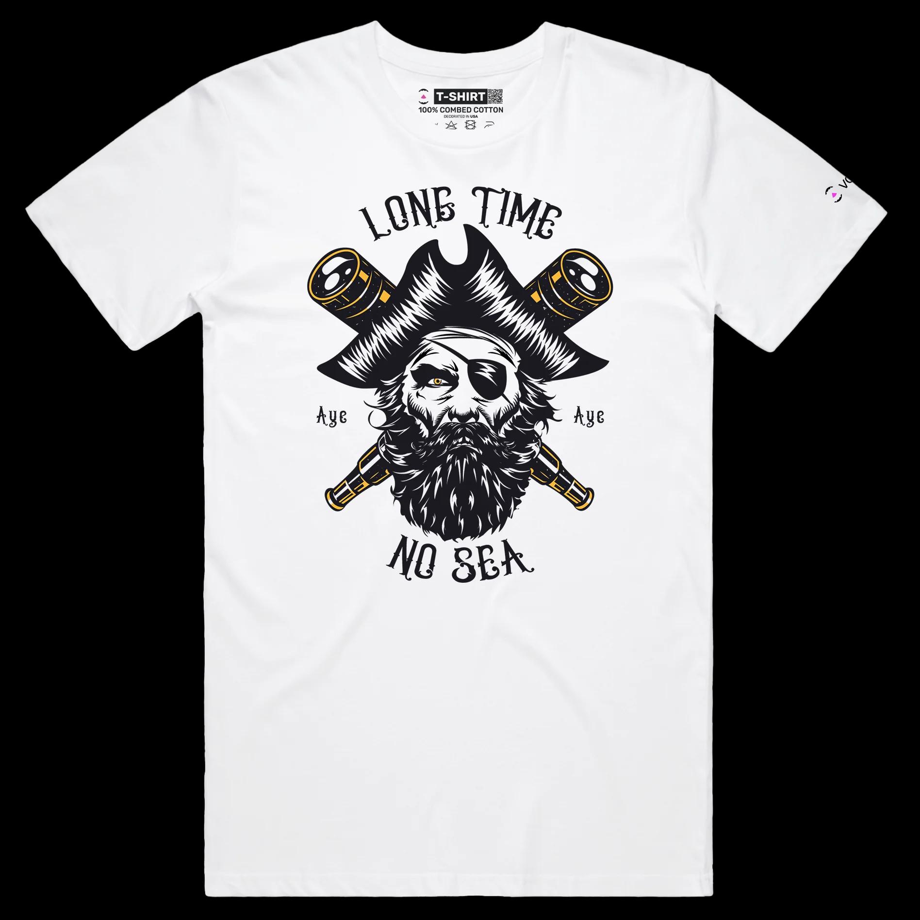 VOICEART White Male Regular Pirate with an Eye Patch Funny T-Shirt with Premium Graphic Design Long Time No Sea Tee