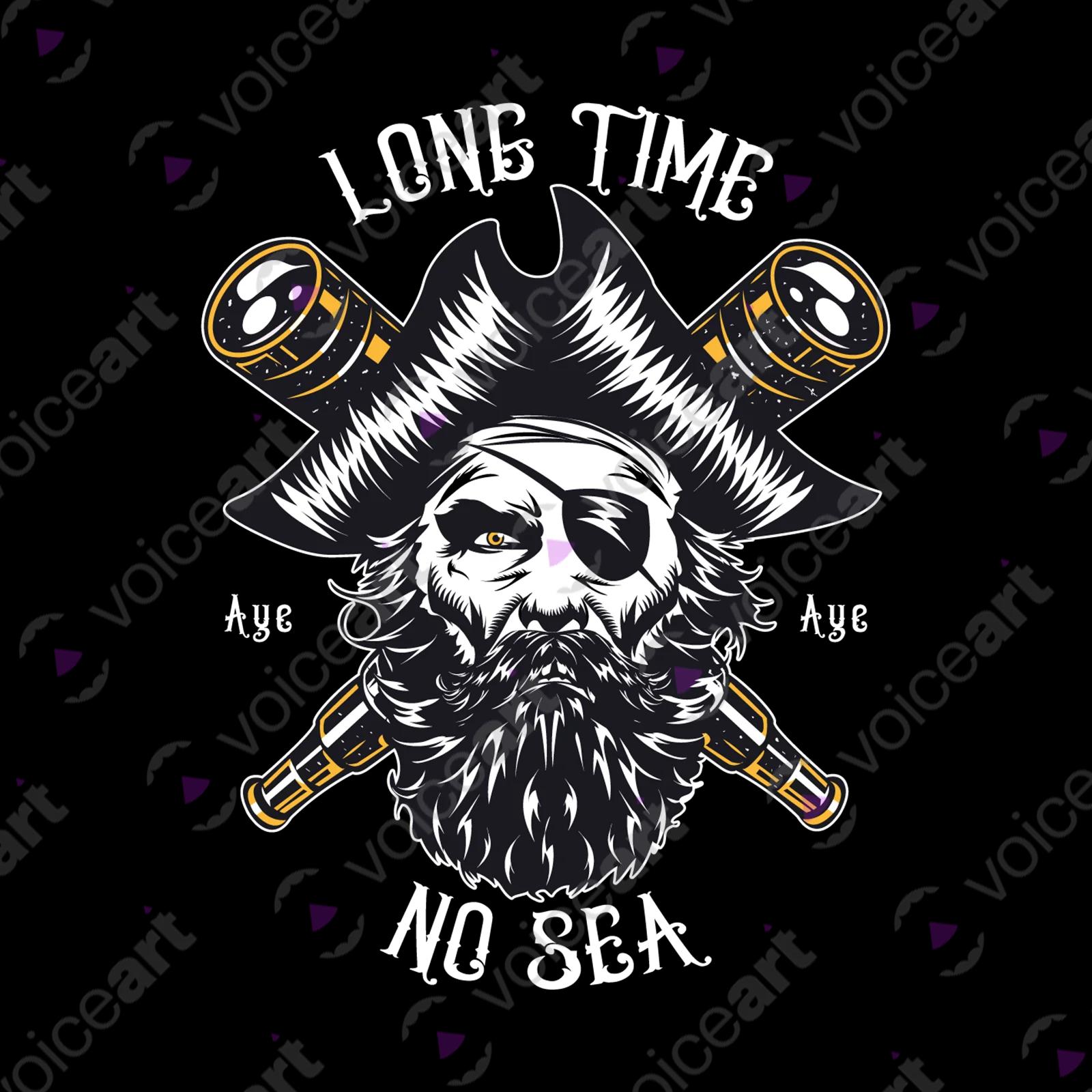 VOICEART Black Watermark Pirate with an Eye Patch Funny T-Shirt with Premium Graphic Design Long Time No Sea Tee