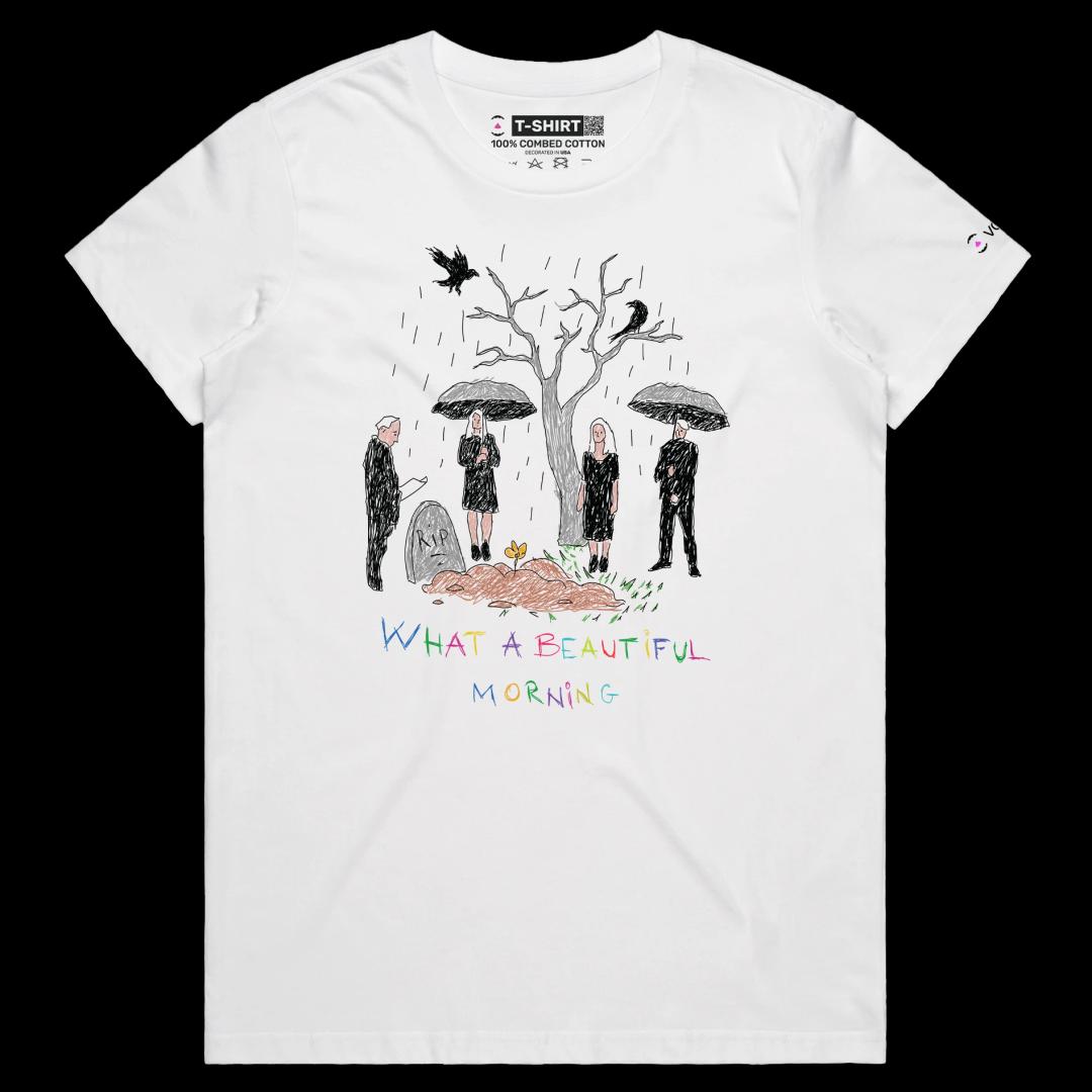 VOICEART White Female Regular Beautiful Morning at the Cemetery Dark Humor T-Shirt Premium Graphic Death and Funeral Tee