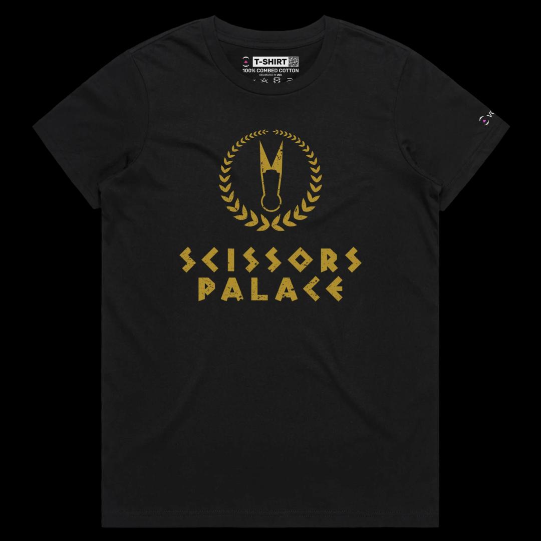 VOICEART Black Female Regular Scissors Palace Funny T-Shirt with Premium Graphic Design Iconic Las Vegas Hotel Tee