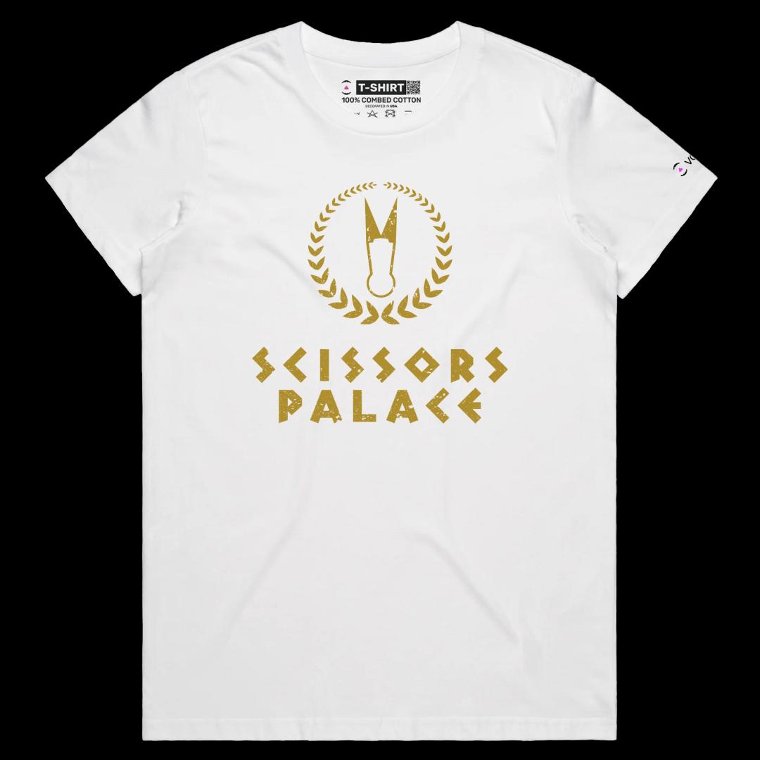 VOICEART White Female Regular Scissors Palace Funny T-Shirt with Premium Graphic Design Iconic Las Vegas Hotel Tee