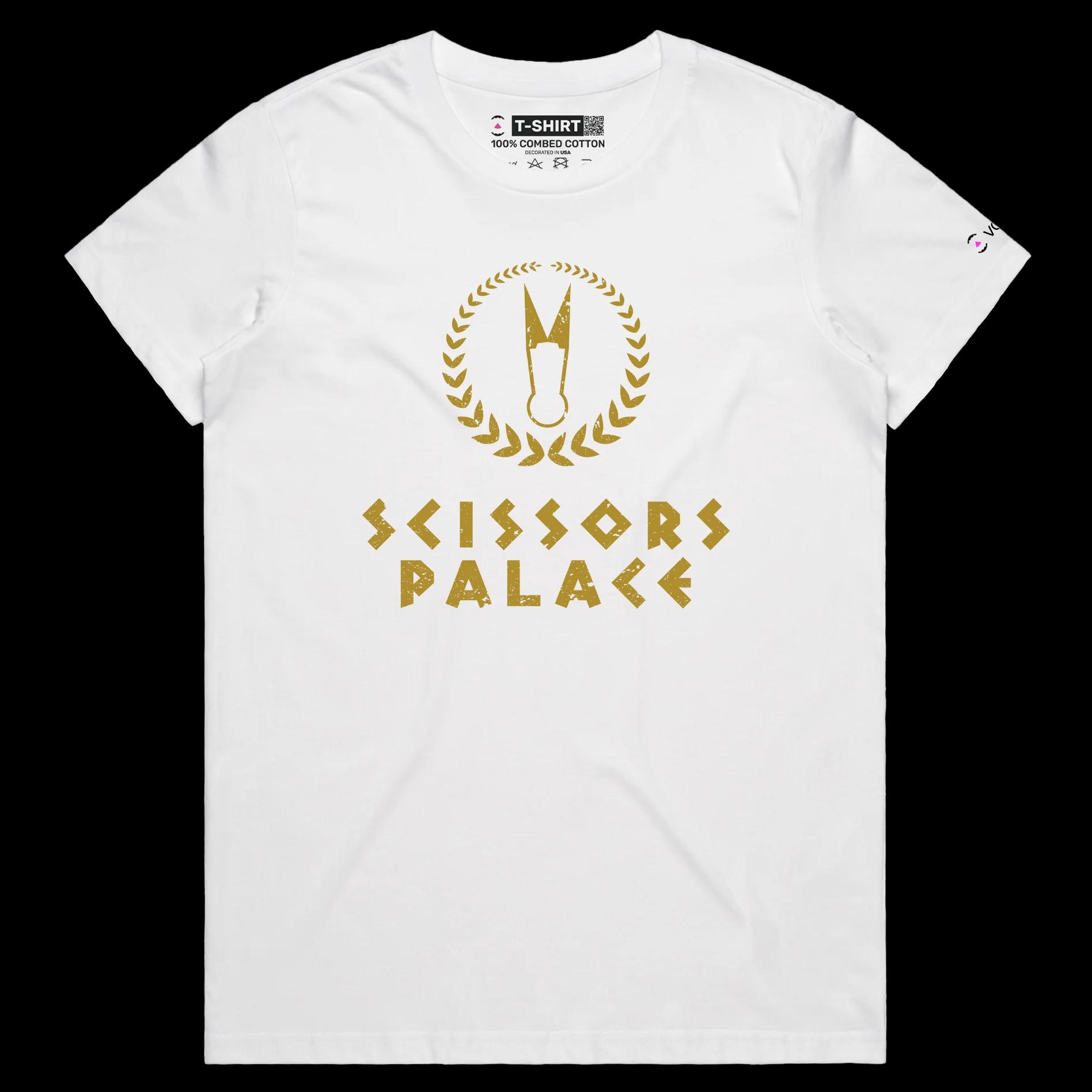 VOICEART White Female Regular Scissors Palace Funny T-Shirt with Premium Graphic Design Iconic Las Vegas Hotel Tee