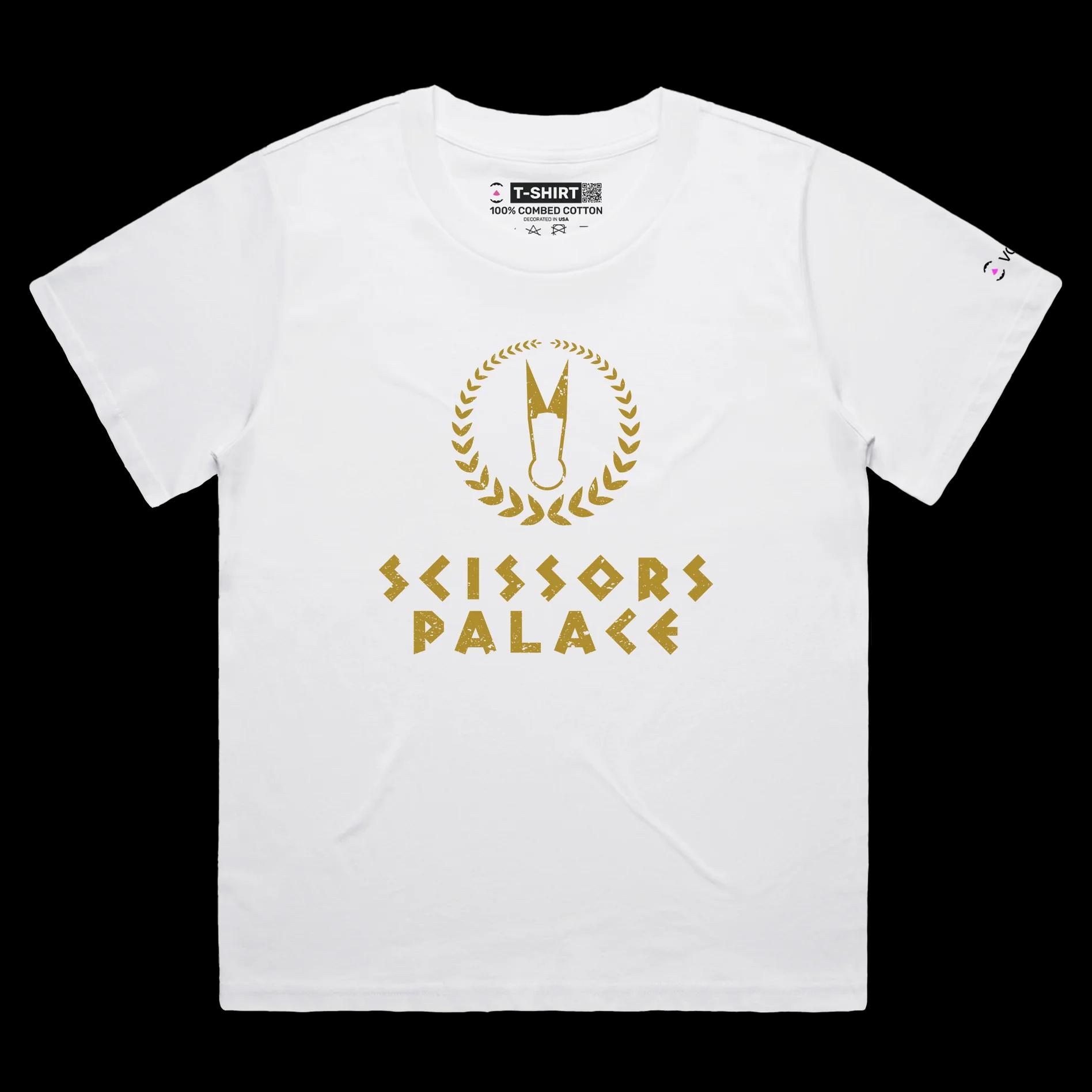 VOICEART White Female Loose Scissors Palace Funny T-Shirt with Premium Graphic Design Iconic Las Vegas Hotel Tee