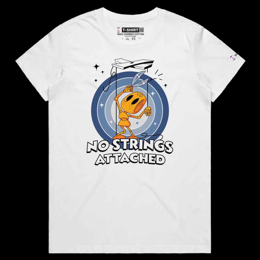VOICEART White Female Regular Puppet Cutting String Funny shirt Premium No Strings Attached Freedom Tee with Play on Words