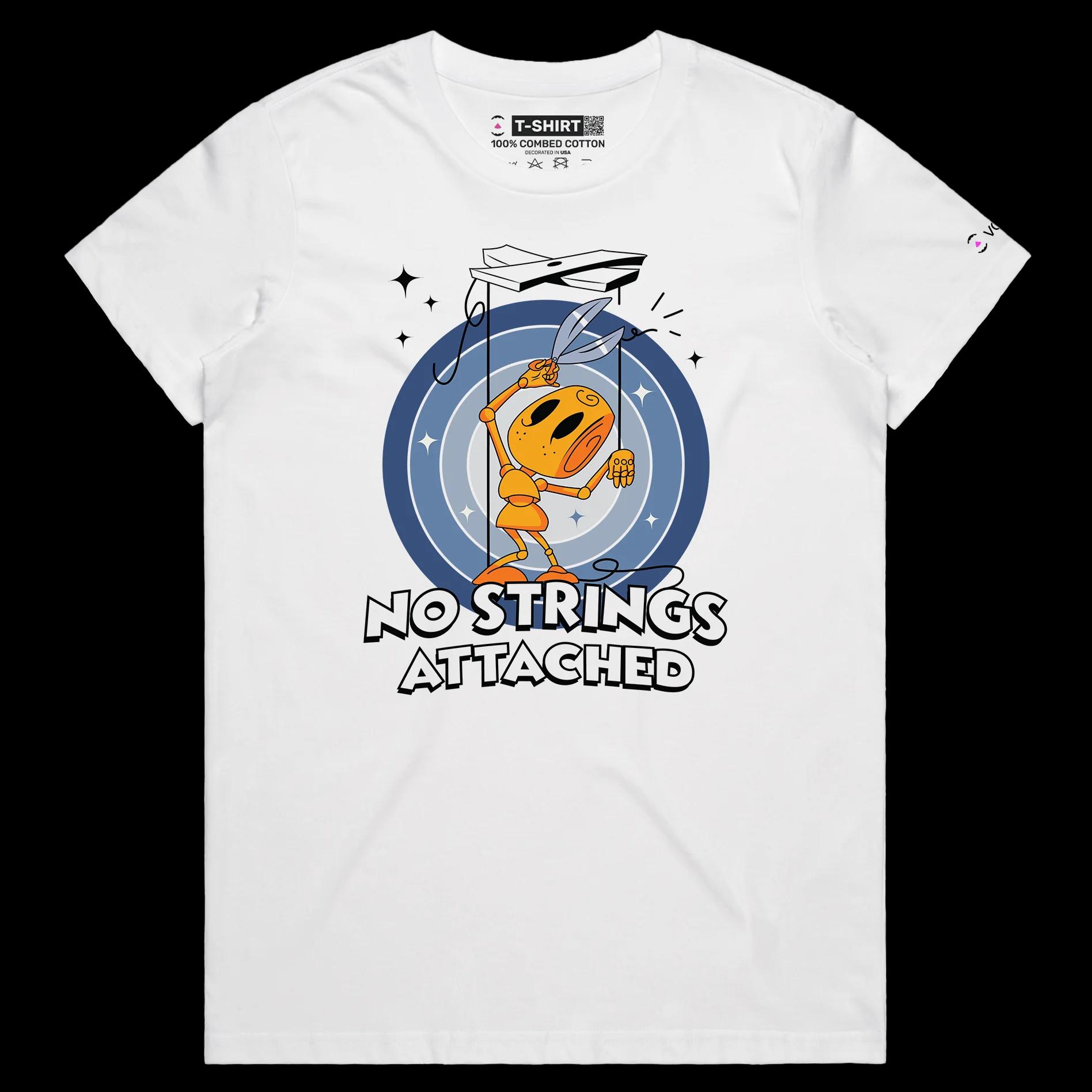 VOICEART White Female Regular Puppet Cutting String Funny shirt Premium No Strings Attached Freedom Tee with Play on Words