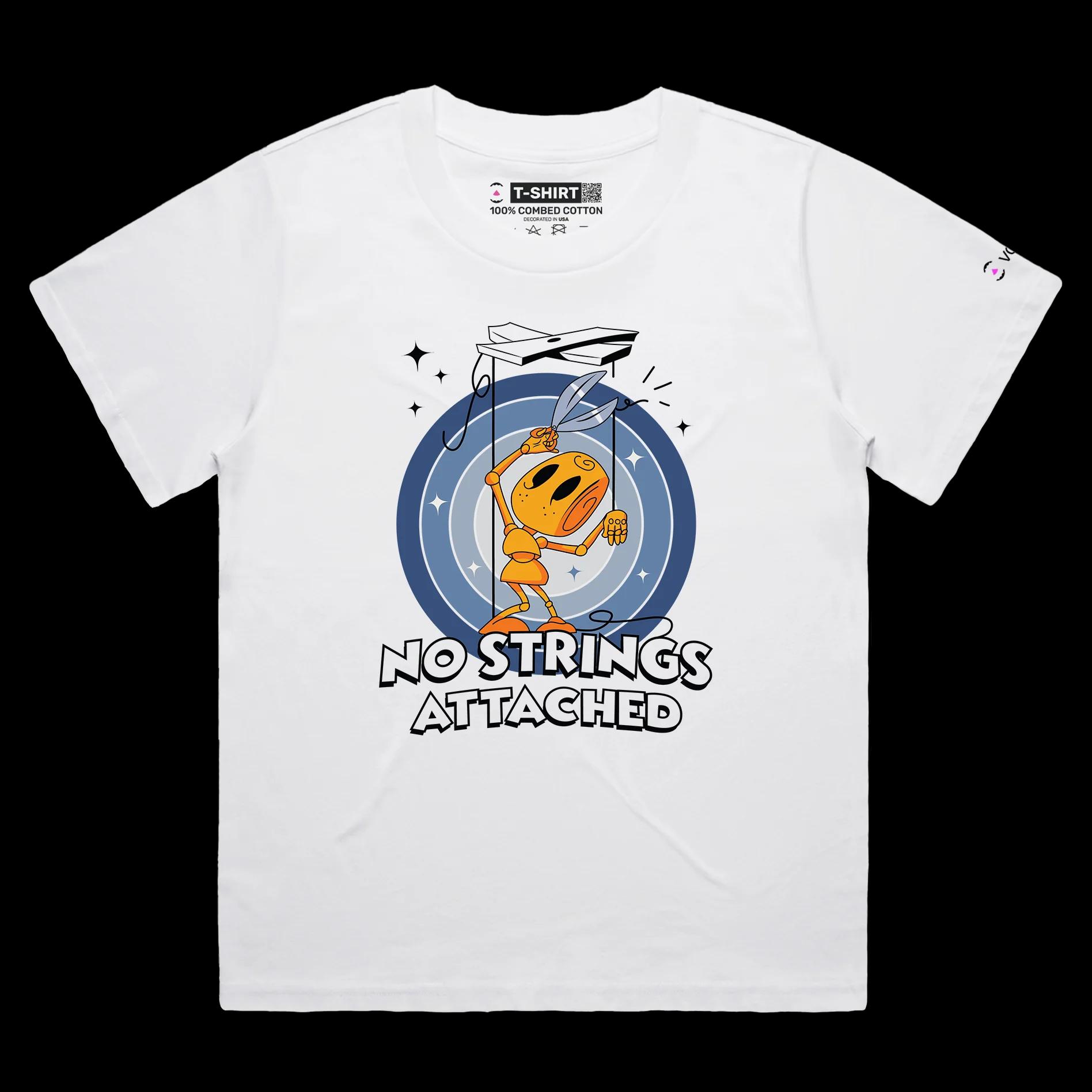 VOICEART White Female Loose Puppet Cutting String Funny shirt Premium No Strings Attached Freedom Tee with Play on Words