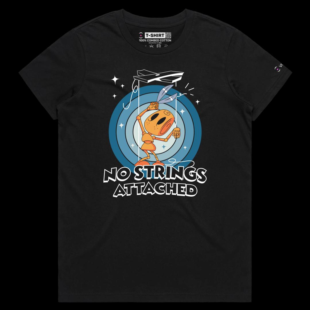 VOICEART Black Female Regular Puppet Cutting String Funny shirt Premium No Strings Attached Freedom Tee with Play on Words