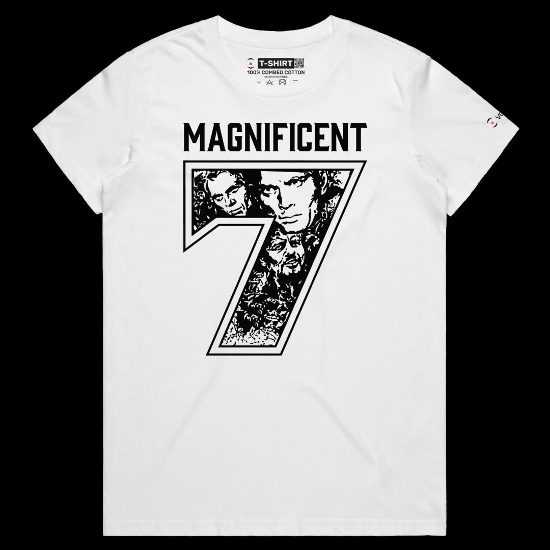 VOICEART White Female Regular Magnificent 7 Sports T-Shirt Premium Quality Classic Movie Number Seven Jersey Wordplay Tee
