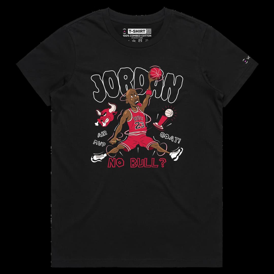 VOICEART Black Female Regular Jordan Premium Shirt Chicago GOAT 23 High Graphic Funny Cartoon Design Tee for Basketball Fans