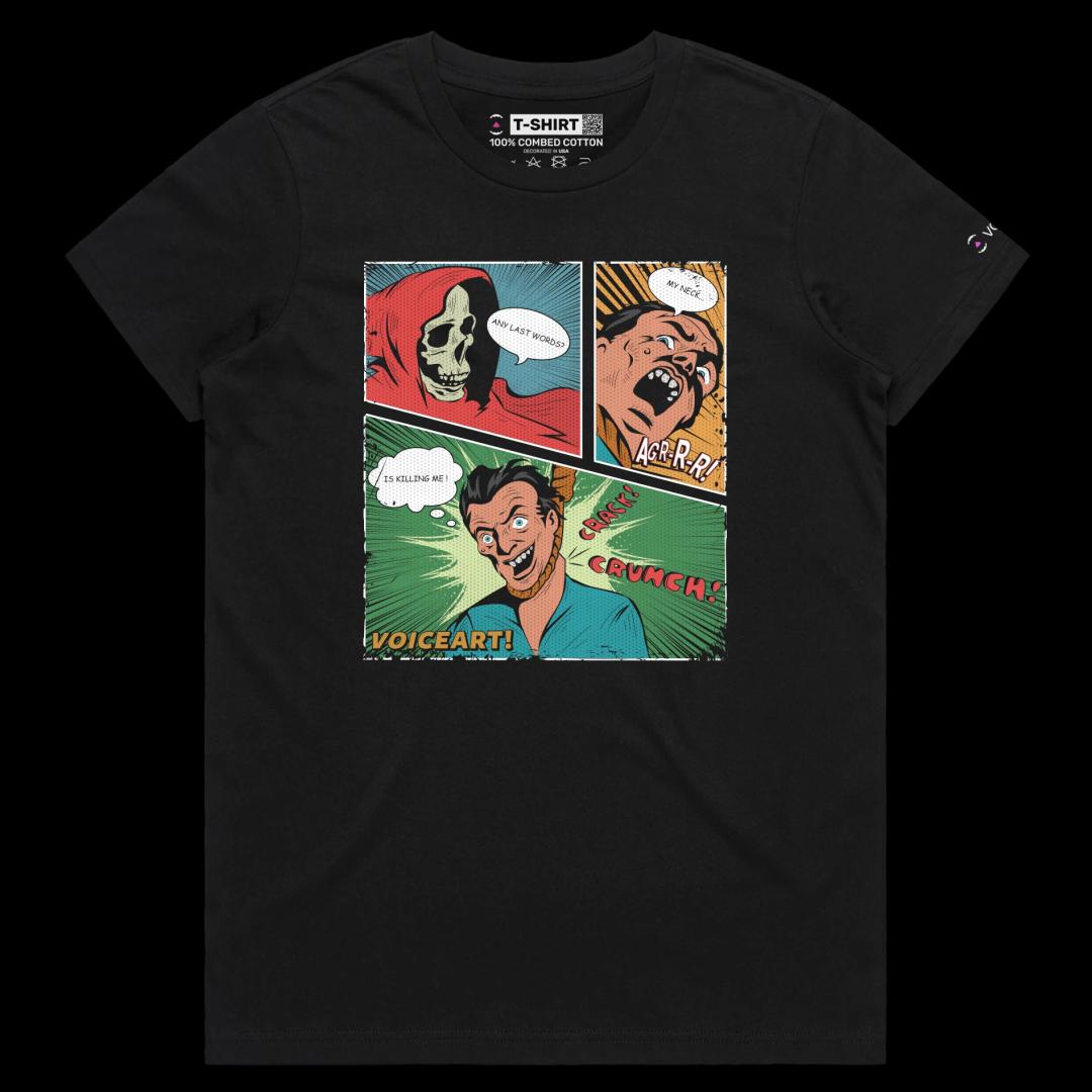 VOICEART Black Female Regular Retro Comic Toon Style Funny Shirt Premium Quality Graphic Death by Hanging Dark Humor Tee