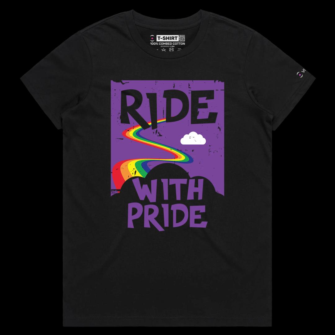 VOICEART Black Female Regular Ride with Pride Gay Lifestyle T-Shirt with Premium Graphic LGBTQ Rainbow Alliance Pride Tee