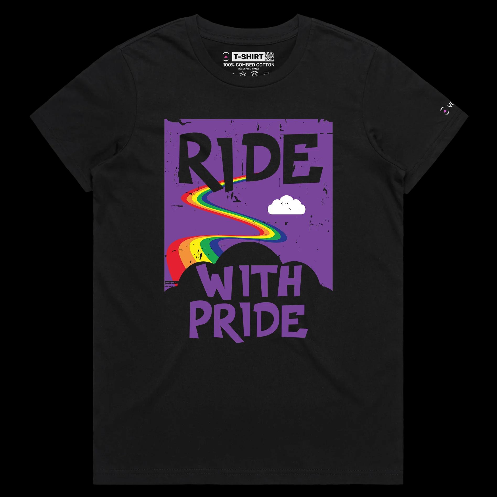 VOICEART Black Female Regular Ride with Pride Gay Lifestyle T-Shirt with Premium Graphic LGBTQ Rainbow Alliance Pride Tee